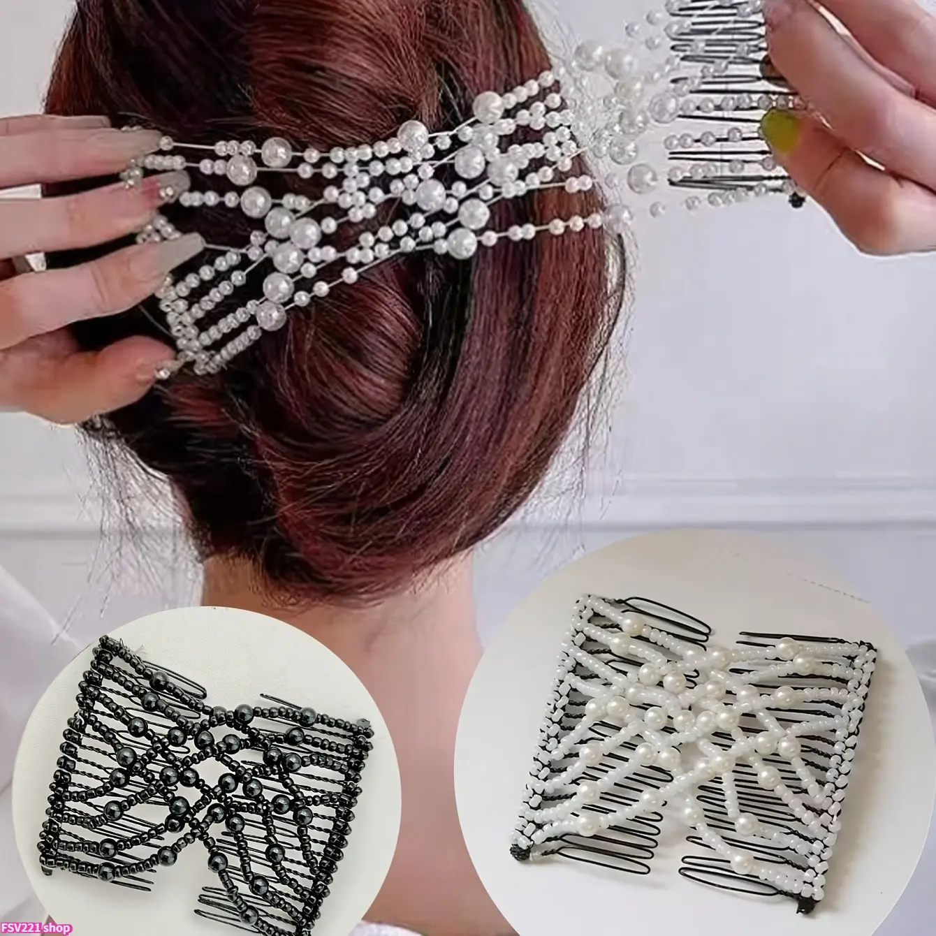 Magic Beaded Hair Combs, Flexible Stretch Pearl Hair Clip, Multi‑Style Adjustable Hair Barrette for Women Bun Updo Hairstyle Stretch Beaded Magic Hair Barrette, Adjustable Pearl Hair Comb, Elegant Bun Maker Hair Accessory for Daily Party Wedding