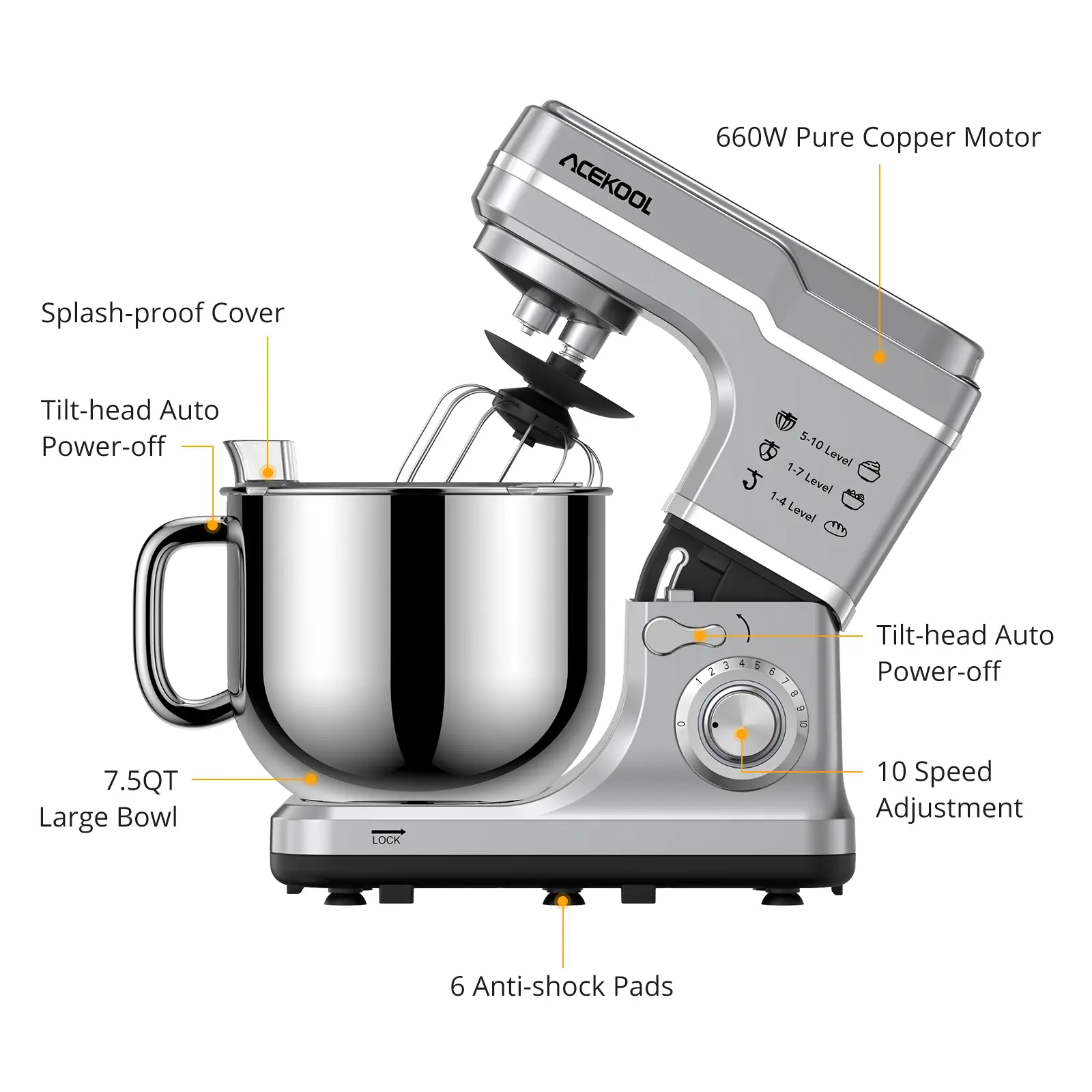 Powerful 660W 10-Speed Stand Mixer 7.5QT – Tilt-Head Kitchen Food Mixer – Stainless Steel Bowl, Dough Hook, Beater, Whisk, Splash Guard – Low Noise, Anti-Shake – For Baking, Cakes & Bread