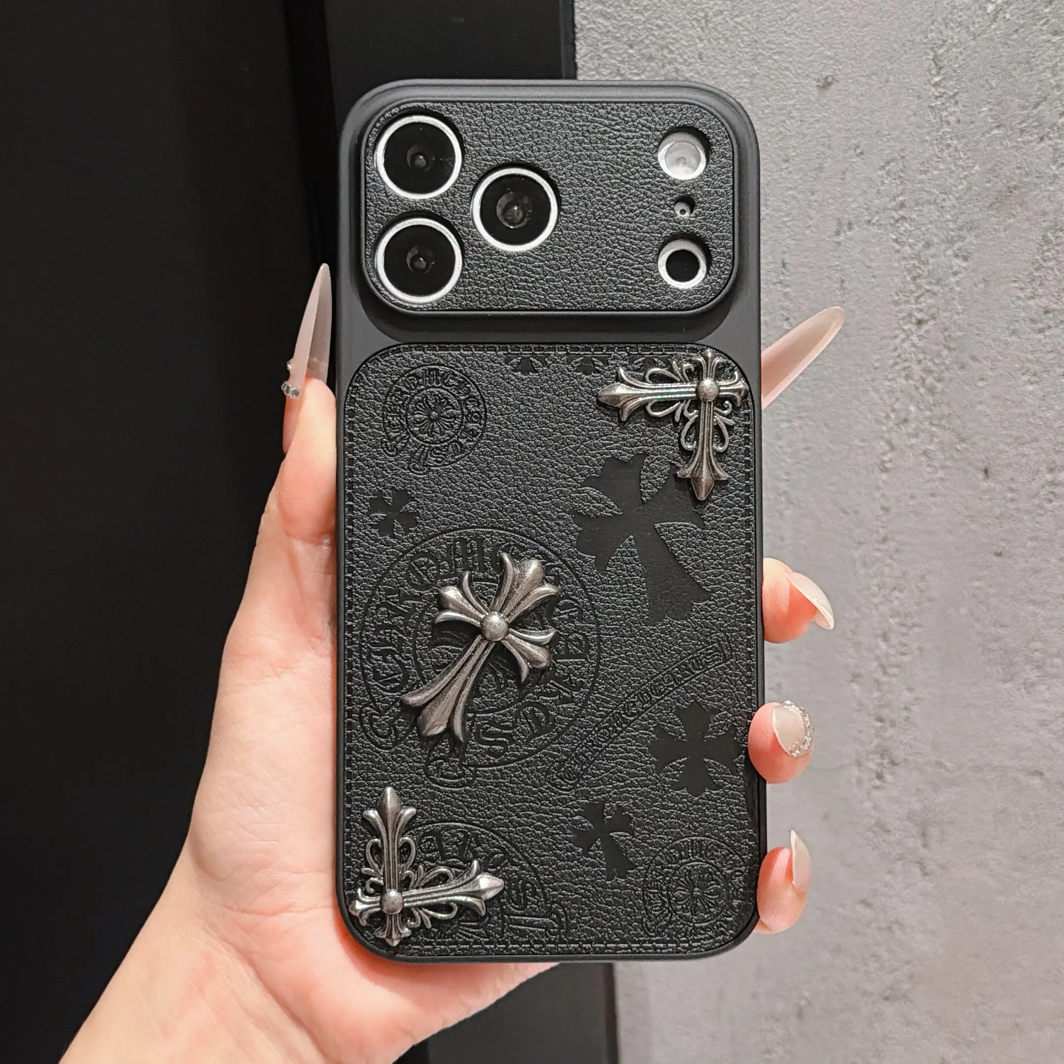 Vintage Chrome Hearts 3D Metal Cross Magnetic Phone Case, Black Leather Full-Coverage Shockproof Cover Vintage Chrome Hearts 3D Metal Cross Magnetic Phone Case, Black Leather Full-Coverage Shockproof Cover