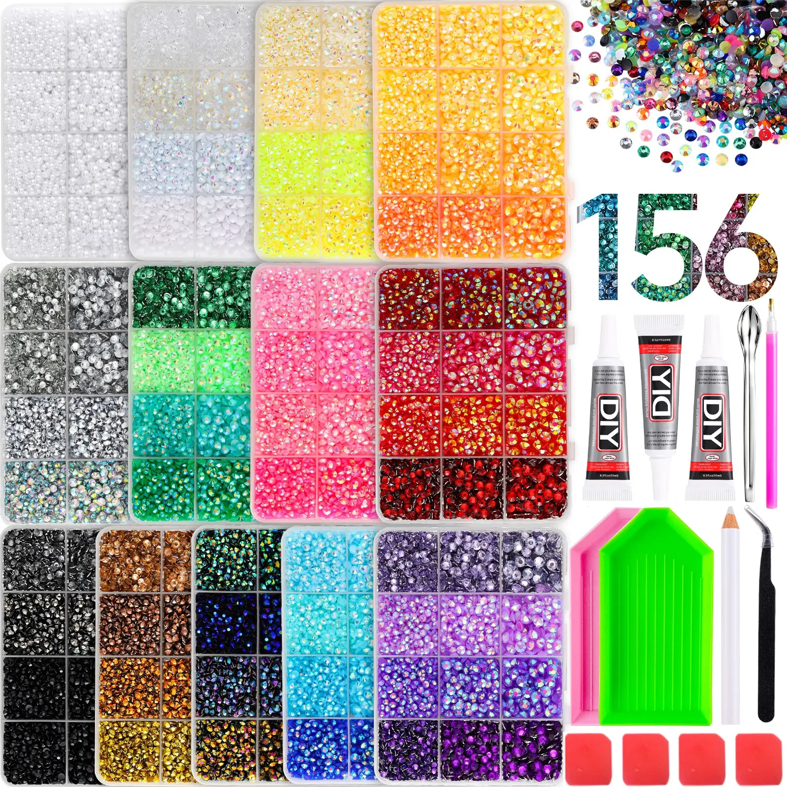 1Set 156-Grids AB Crystal Flatback Rhinestones Bedazzling Kit,Vibrant Color Bling Semi-circular Gems Diamond Art with 3D Manicure Tools for DIY Nails Nail Art Accessories Phone Case Gift Decor