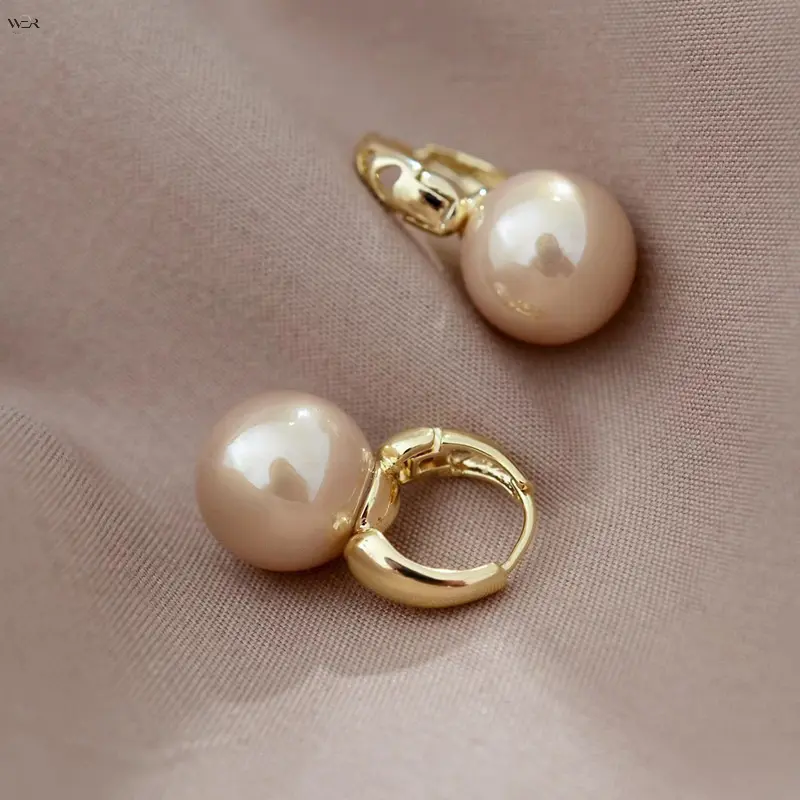 2 Shades Large Pearl Huggie Drop Earrings 2.4cm Total Length 1.5cm Pearl, Gold Plated Click Hoop Dangle Earrings, Cream Champagne Pearl for Daily Office Wedding Elegant Jewelry,Acrylic,Personalized