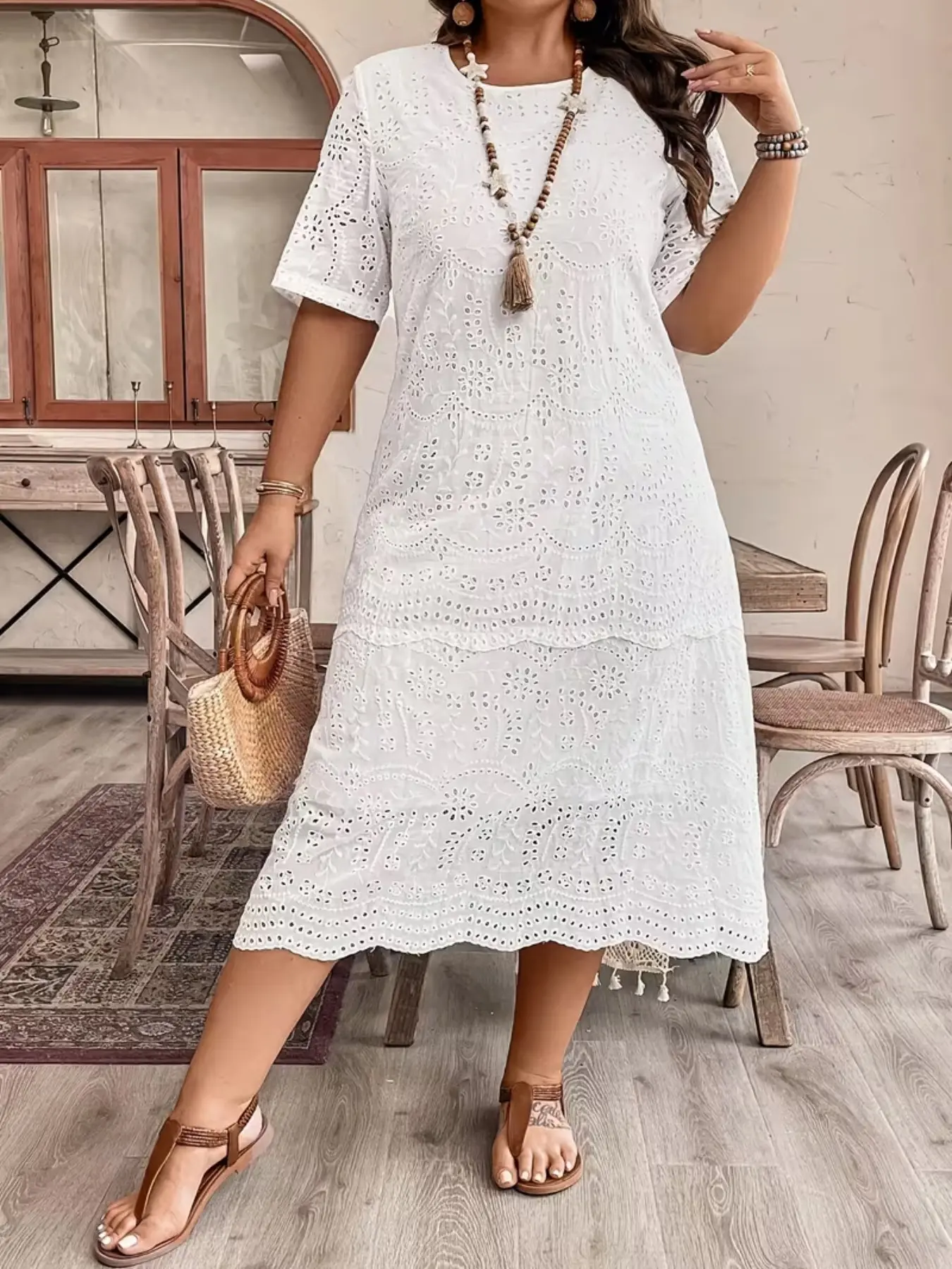 Women's Plus Size Short Sleeve Loose Elegant Eyelet Dress, Comfortable and Stylish Summer, Perfect for Casual Wear and Special Occasions