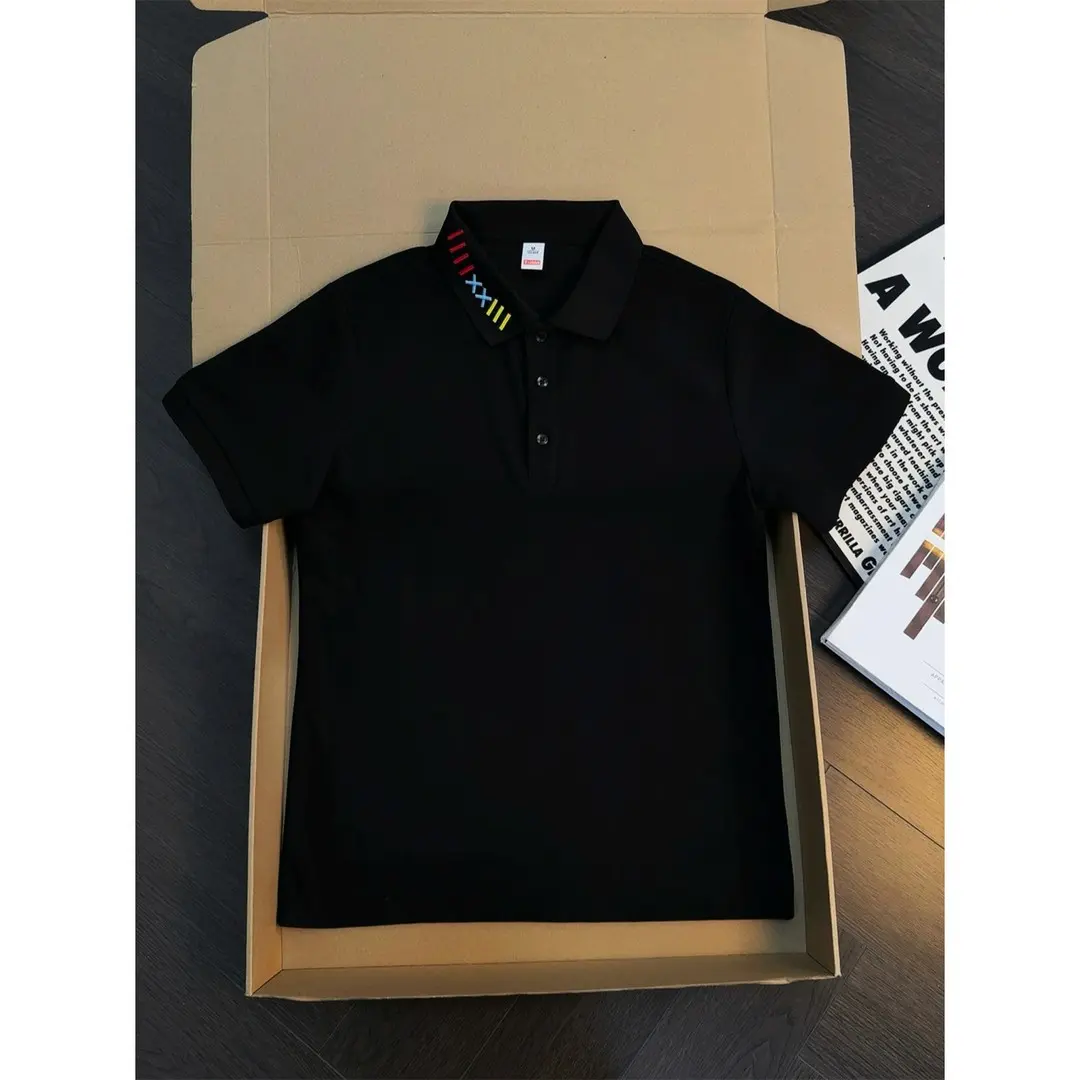 Men's American-Style Colorful Embroidered Polyester Polo Shirt - Menswear Tops, Summer Heavyweight Turn-Down Collar, Clean Fit Casual Shortsleeve T-Shirt