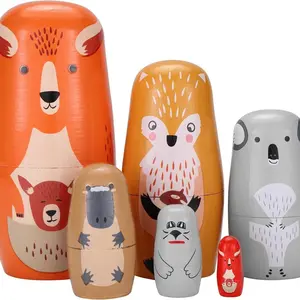 6-Piece Kangaroo Animal Russian Doll Set, Handmade Wooden Kangaroo Fox Koala Sheep Beaver, Adult Easter Christmas Birthday Home Decor