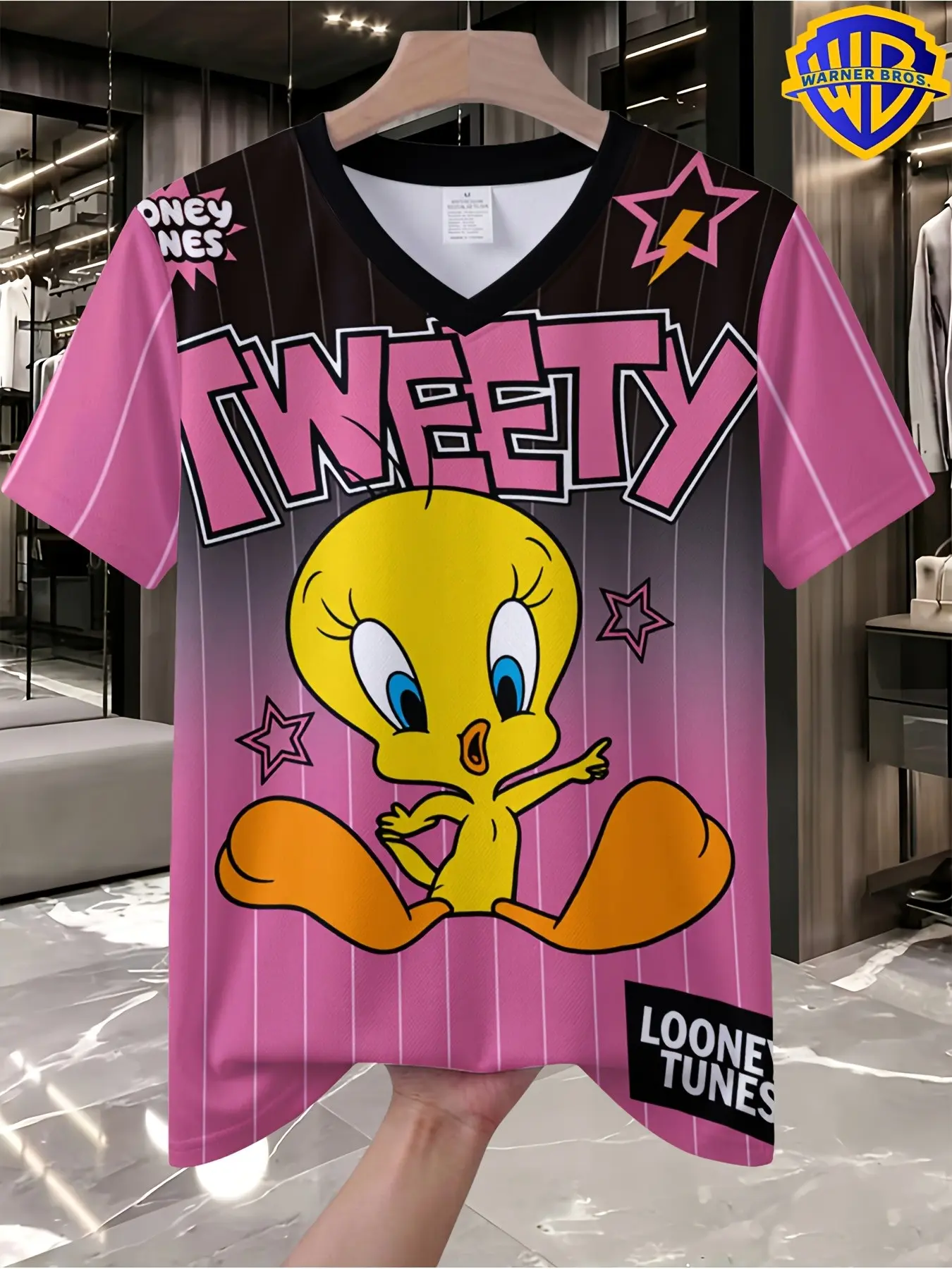 Warner Bros. Looney Tunes Digital Print T-Shirt, Unisex V-Neck Short Sleeve, Fitted Long Tee, Casual Streetwear, Beachwear