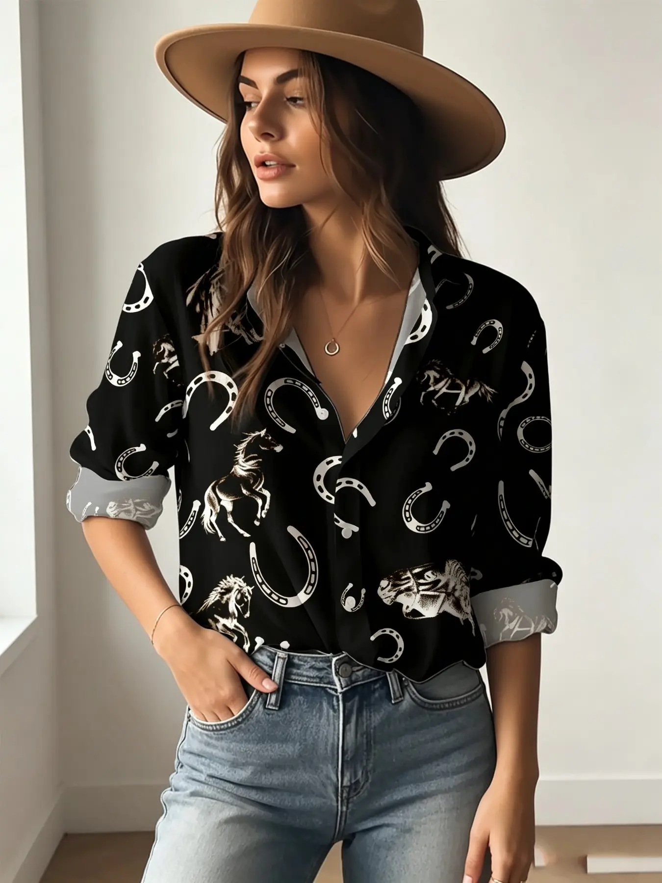 New Women's Western Style Casual Base Horse Iron Print Blouse, Vintage American Cowboy Collar, Loose-Fitting Long Sleeve Shirt
