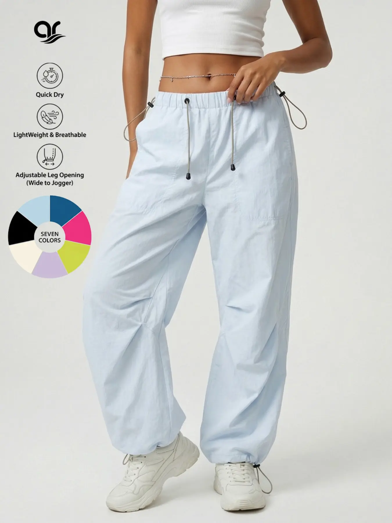 A1 Women's Y2K Baggy Parachute Pants Lightweight Quick-Dry Breathable Woven Cargo Joggers High Waisted Elastic Drawstring Wide Leg Sporty Streetwear Athleisure Casual Trousers Adjustable Ankle Cuffs