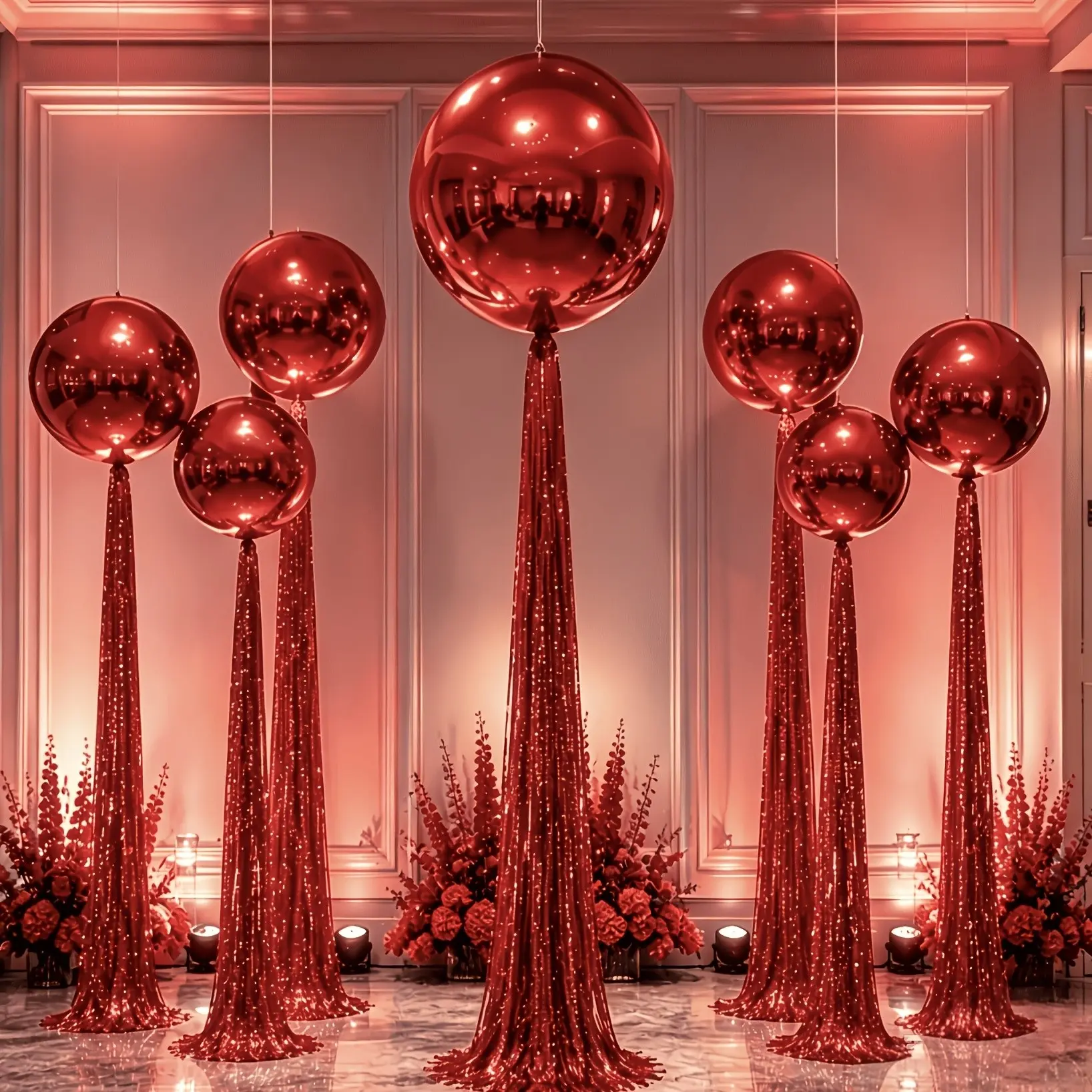 8-piece set, red 4D aluminum foil balloons, 32/22/10 multi-sized balloon set (including 7 4D balls + 1 set of rain ribbons) perfectly suitable for Christmas, birthday parties, weddings, anniversaries, New Year's, disco and dance party decorations