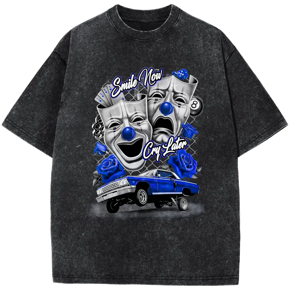 Blue Smile Now Cry Later Low Rider Old School T Shirt Menswear Cotton  Silk Screen Crewneck Streetwear Top - Tshirt, Man, Tropical Shortsleeve Casual