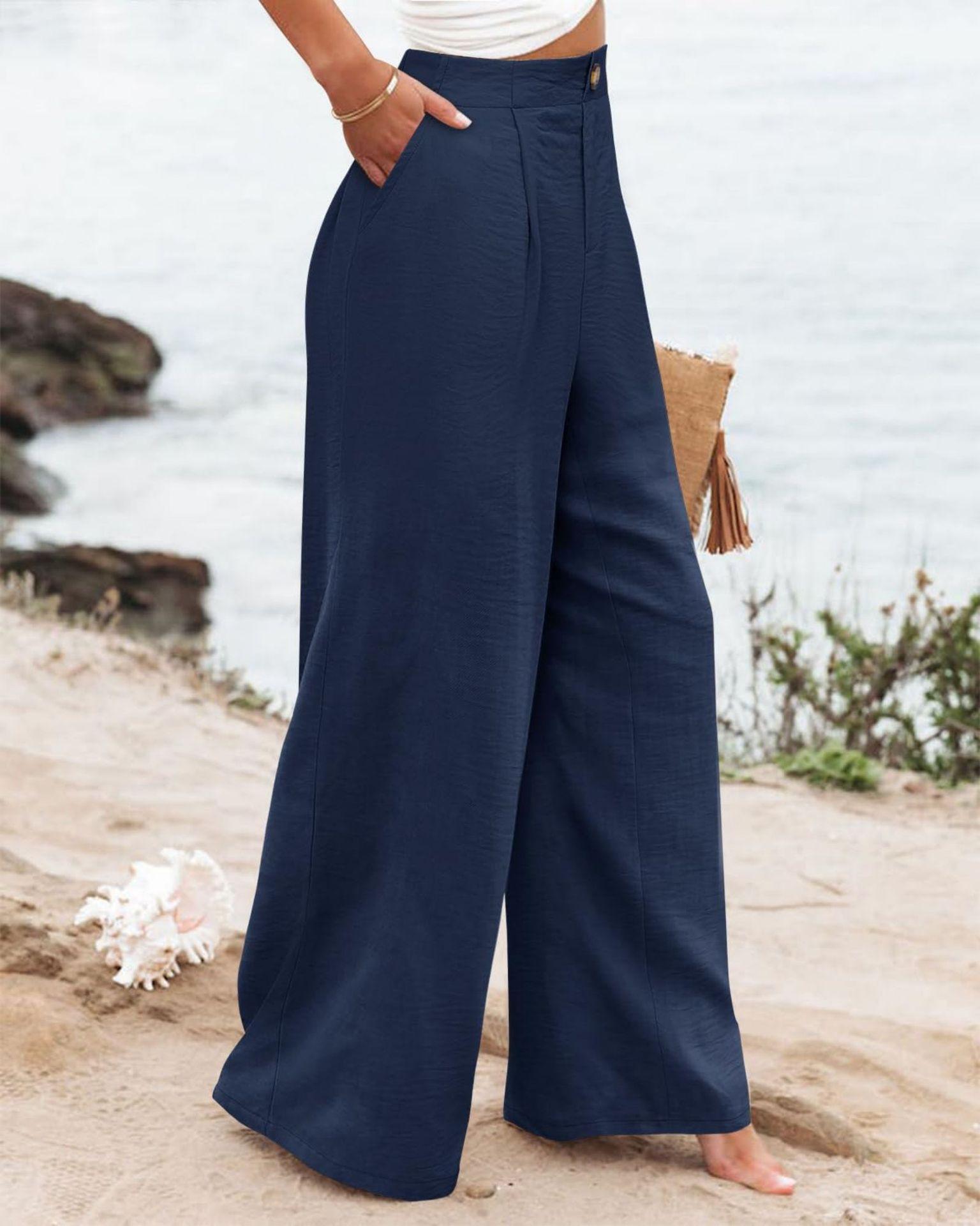 Women's Commuting and Vacation Summer Comfortable High-Waisted Long Pants with Buttons, Elastic Waist, Wide-Leg Casual Straight Pants