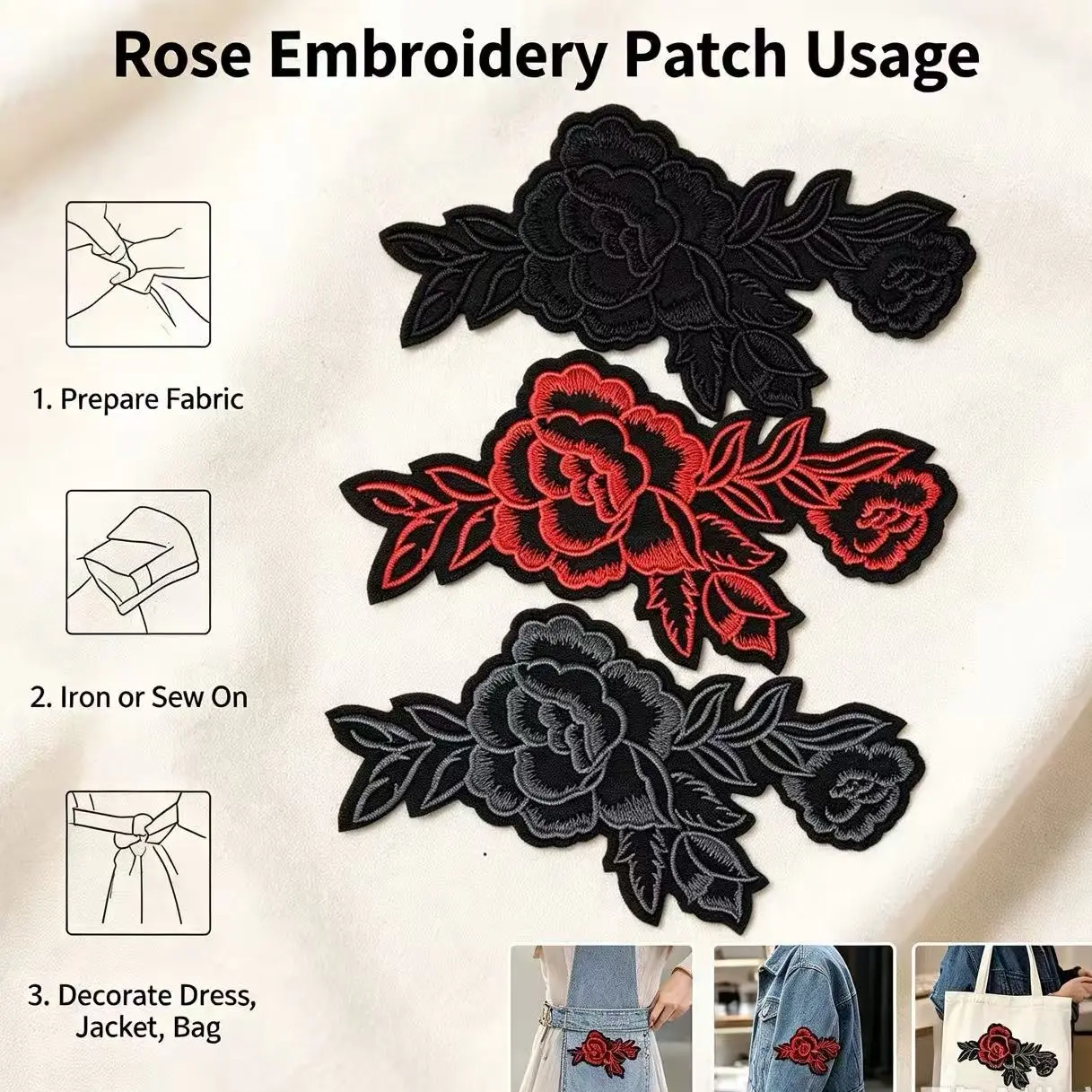 Rose Pattern Iron-On Embroidery Patch, Fun Design, Easy to Sew or Iron, Durable Fabric Badge, Ideal for Custom Jackets, Bags, Etc