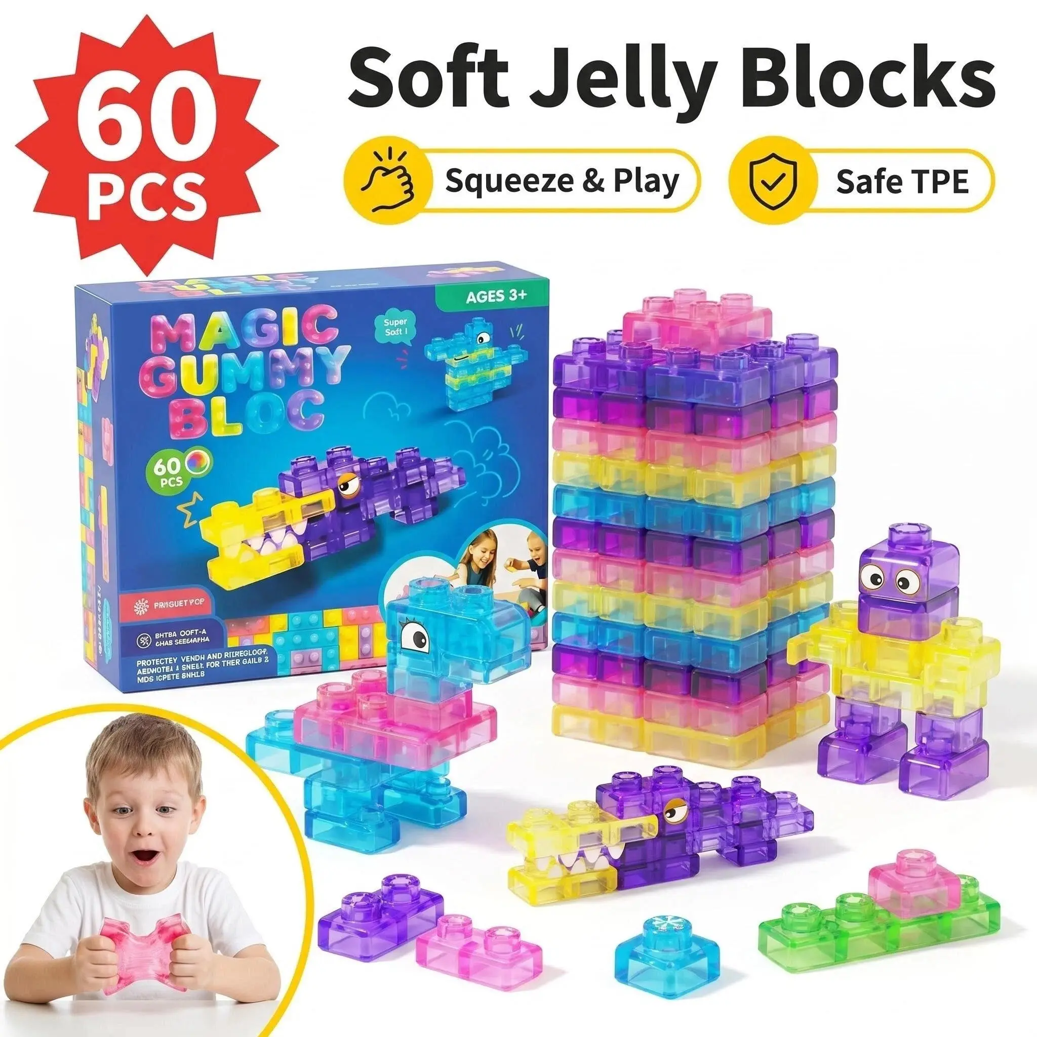 Squishy Soft Blocks for Kids, 40/60pcs Safe Tpe Gummy Blocks, Fun and Durable Toys, Sensory Fidgets, Perfect for Playtime, Ideal Gift for Children