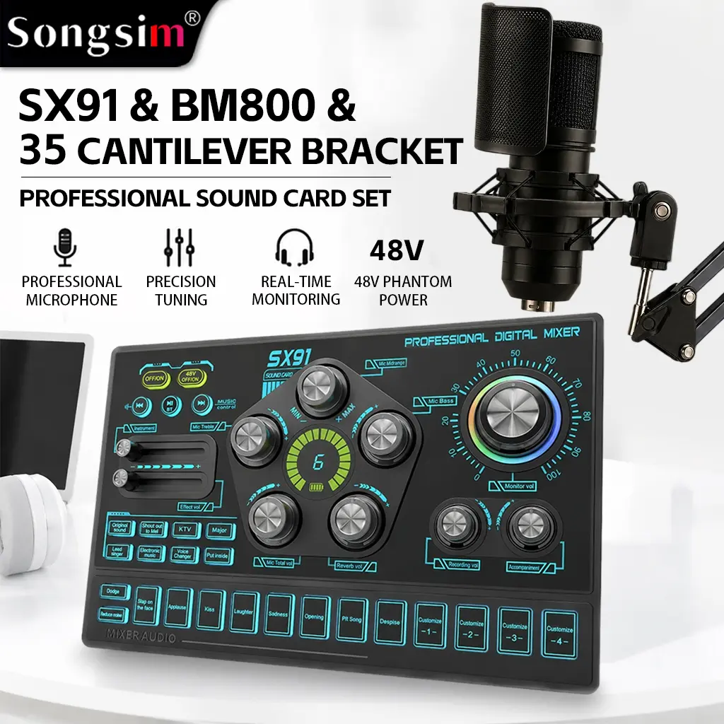 SX91  Live Sound Card Set Mixer Complete Kit with 48V Phantom Power XLR Interface, Adjustable 360° Boom Arm Stand & Condenser Microphone, 8 Live Sound Effects 4 Custom Buttons for Podcast Recording Singing Live Streaming Gaming