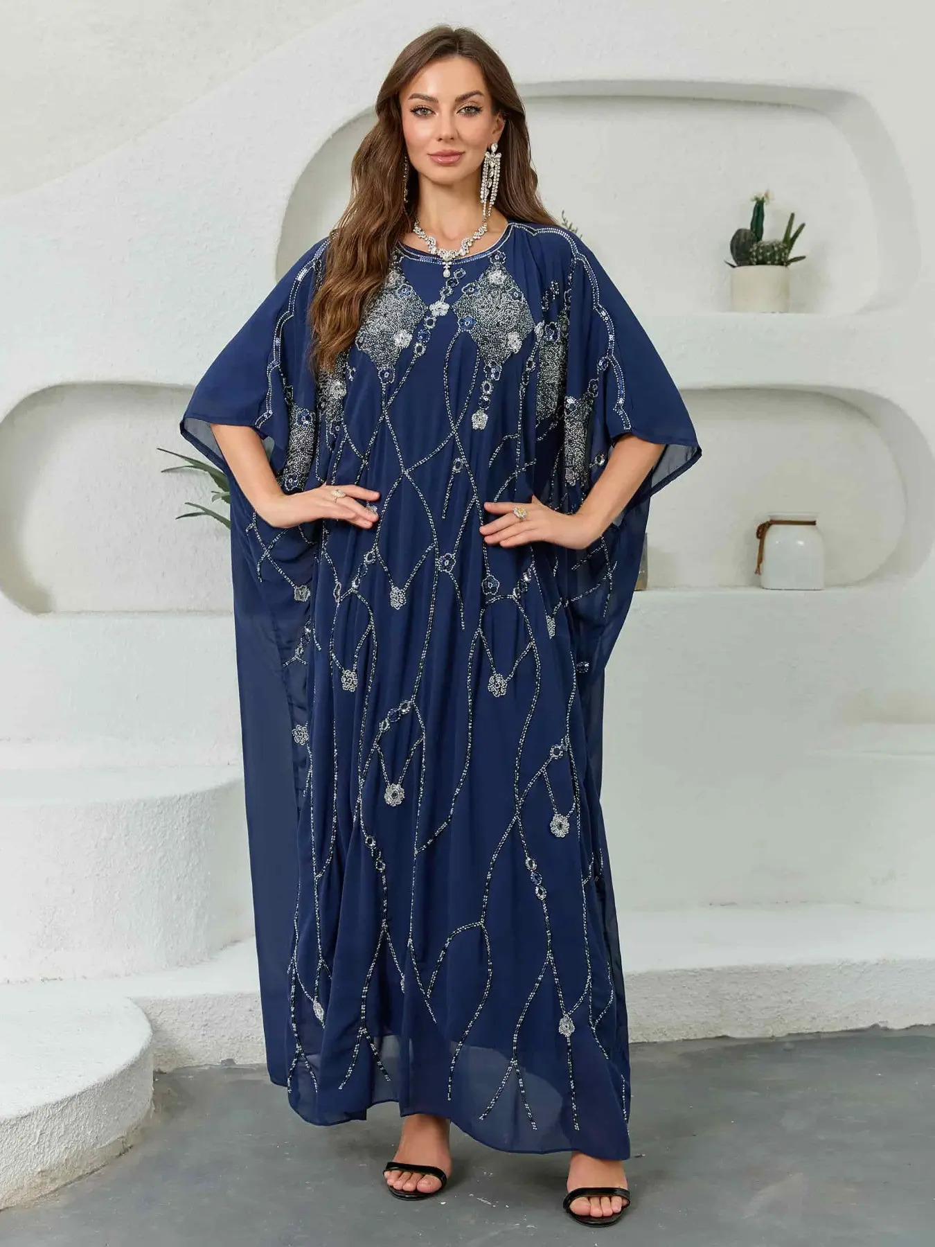 Jinlicx Luxury Rhinestone Chiffon Kaftan Robe, Navy Batwing Sleeve Loose Long Dress, Elegant Islamic Clothing Party Formal Wear Cx37