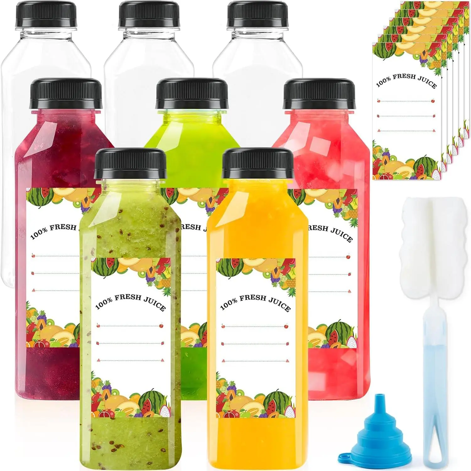 8 Pcs Juice with Caps, 16Oz with Label, Reusable Clear Bulk Beverage Containers for Juice, Empty Bottle for Juicing, Drinking, Smoothie and Beverages