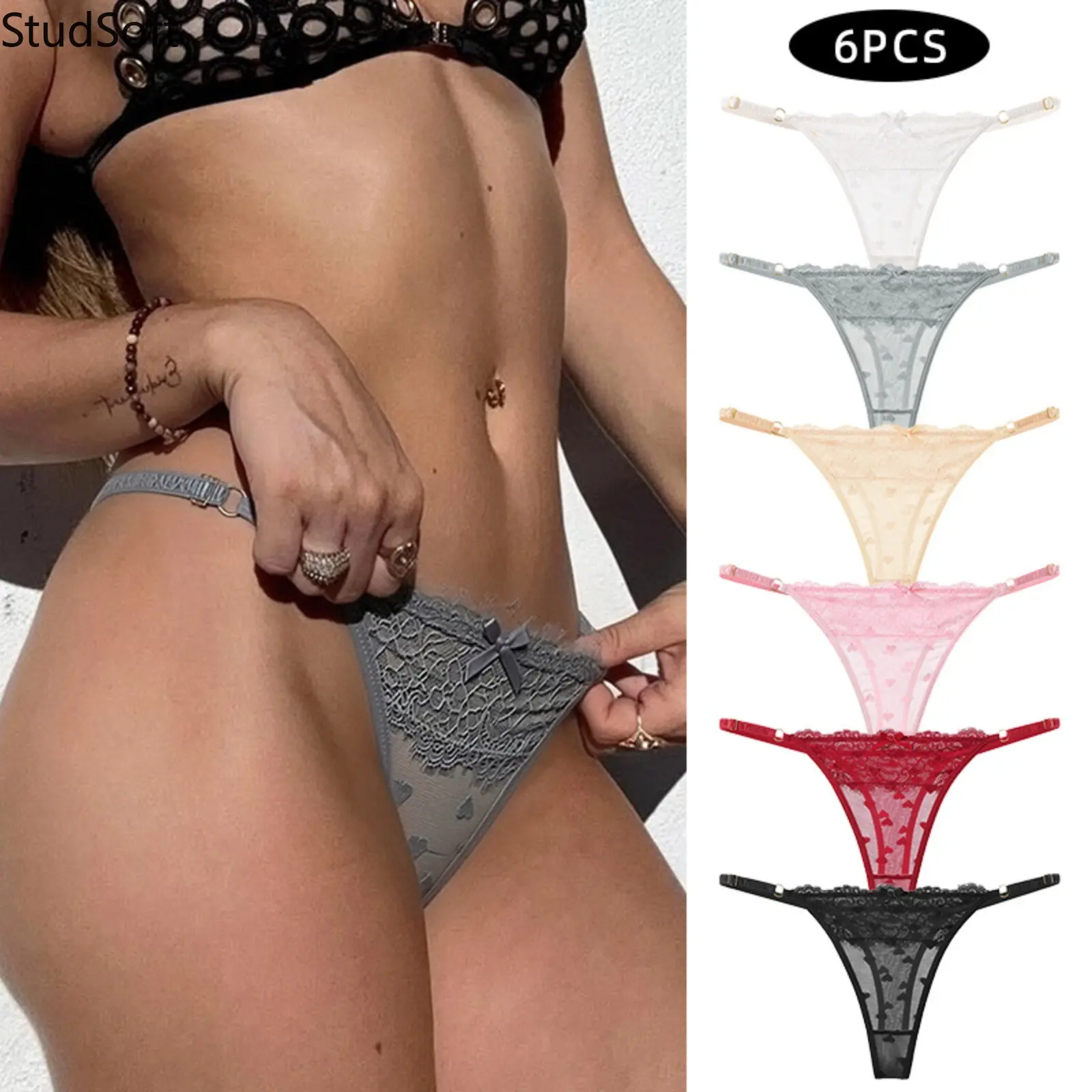 6Pcs Adjustable Thongs for Women Sexy Lace Trim Heart Sheer Mesh G-String Multipack Invisible T-Back Panties Stretchy Low Rise Underwear Set for Gym