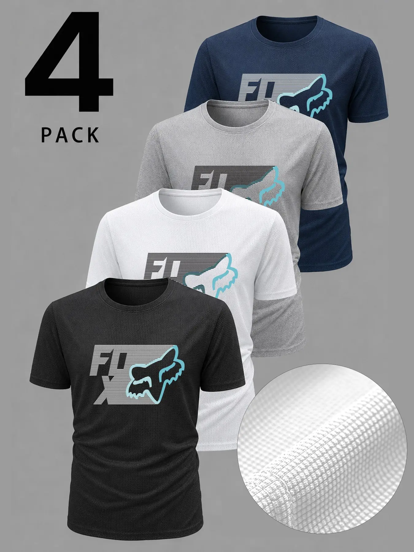 4-Piece Short Sleeve T-Shirts Set, Mountain Biking, Off-Road Sports, Outdoor Adventure, Fox Head Letter Print, Breathable Quick-Dry Mesh Fabric, Unisex, Outdoor Sports Top, Casual Sporty Top