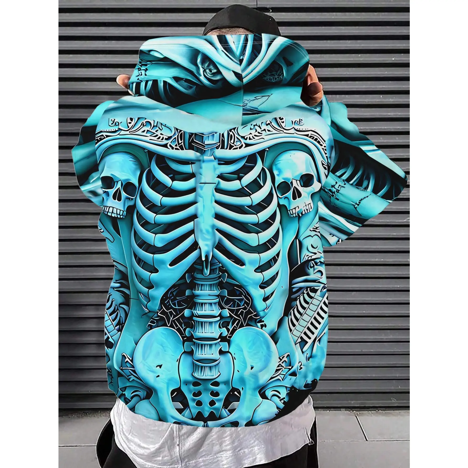 Horror-themed Hoodies, Horror Fans, Halloween Outfit, Men's Trendy Skull Skeleton Print Hooded Sweatshirt, Casual Polyester Pullover, Street Style Sportswear for Daily Leisure