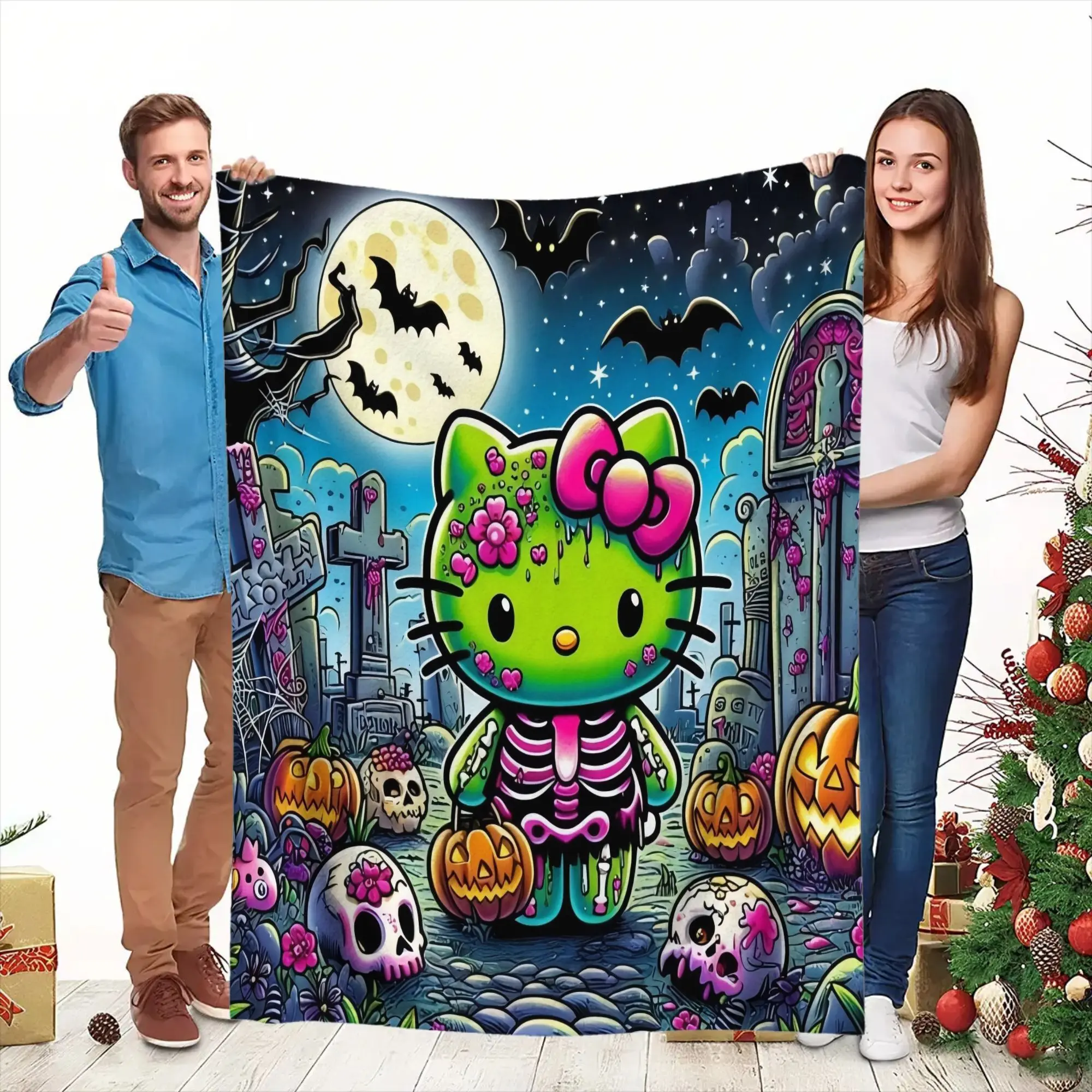 Zombie Hello Kitty Halloween Flannel Throw Blanket Night Graveyard Full Moon Bat Tombstone Jack O Lantern Skull Cartoon Soft Fleece Blanket Kawaii Pastel Goth Girls Bedroom Sofa Decor Gift