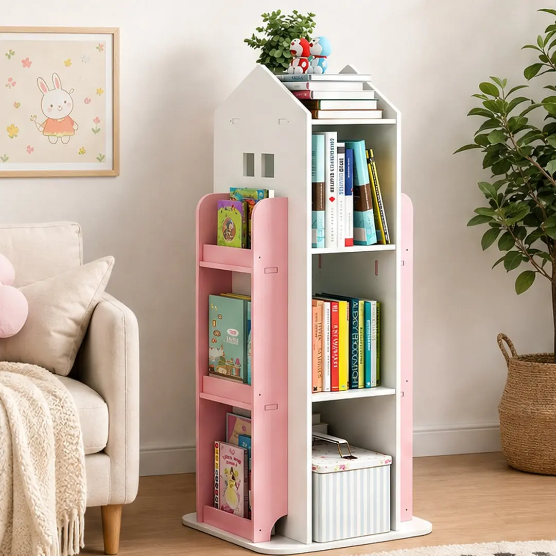 ARCH 4-Tier 360° Swivel Base Playful Kids Bookshelf, 11.50 lb PVC Wood-Plastic Board (15.70 w x 15.70 d x 37.40 h in), Floor-Standing Children's Book Display with Multiple Compartments, Assembly Required, Pink+White, for Bedroom Study Room, Nursery, Pvc P