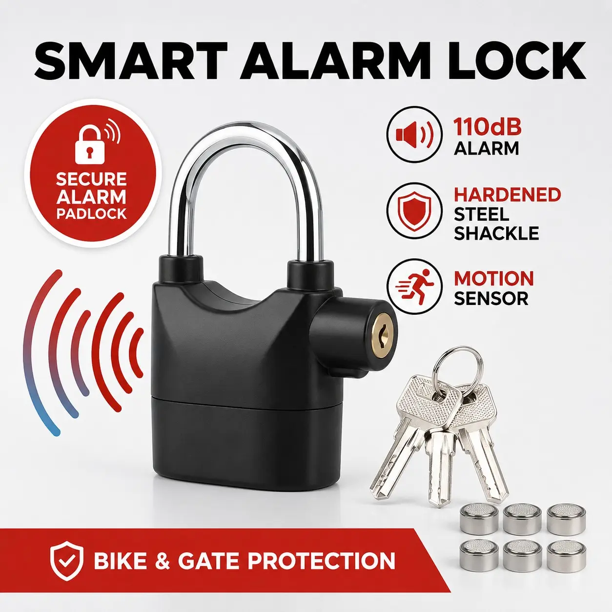 110dB Alarm Padlock, Heavy‑Duty Outdoor Security Lock with 3 Keys, Anti‑Theft Siren Lock for Gates, Garages, Sheds, Fences, Bikes and Storage Units