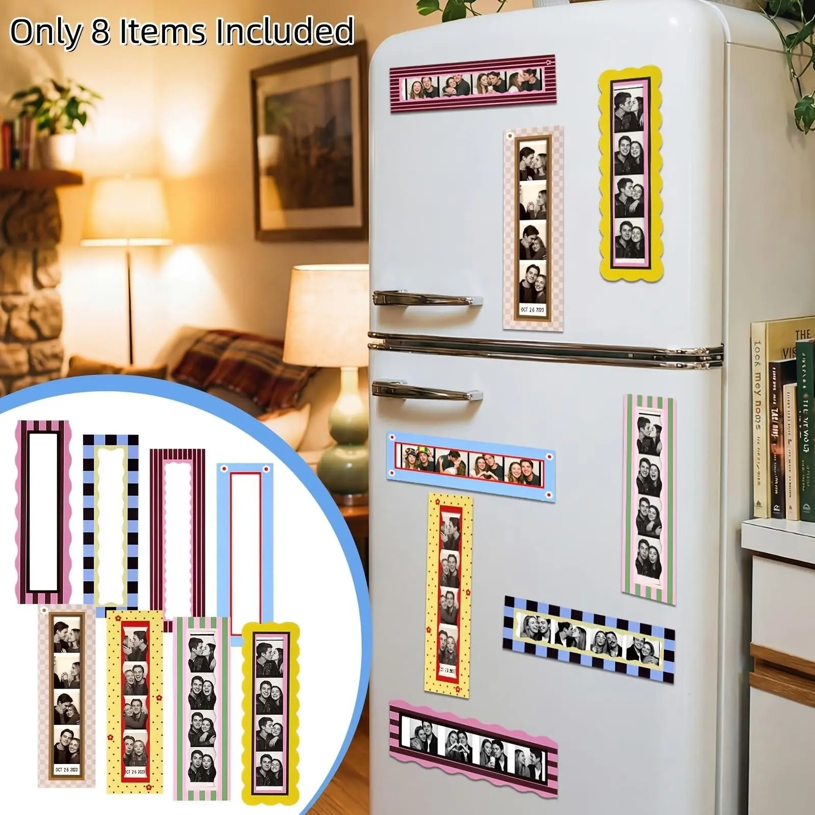 8-Pack Mini Magnetic Refrigerator Picture Frames, Fits 1.5x8 Inch Photo Strips, Compact and Stylish, Ideal for Home, Kitchen, Office Decor, Photo Decorations