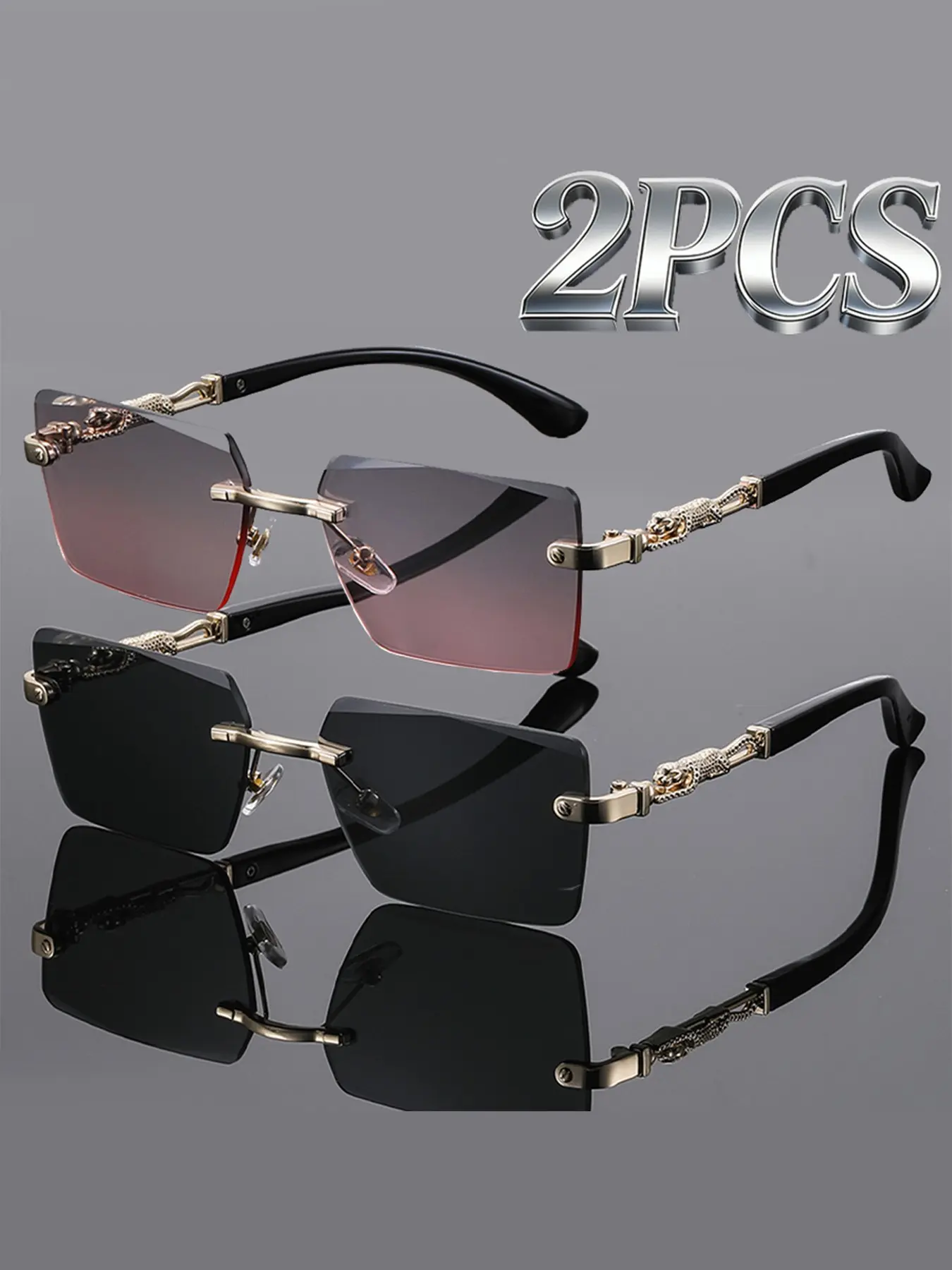 2 Pairs Luxury Metal Frameless Sun Protective Stylish Sunglasses for Men and Women, Summer Trendy Sunglasses, Gradient Business Shades, Leopard Pattern, Durable Lens, Versatile Sun Protection, Trendy Sun Glasses
