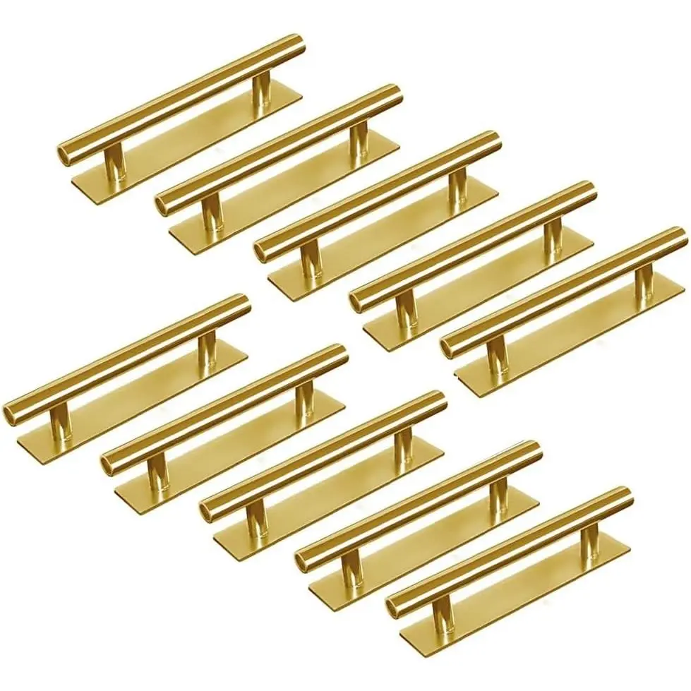 10 Pack Self-Adhesive Push Pull Cabinet Drawer Handles, ABS Plastic Wardrobe Door Pulls, No Drilling, GoldGift