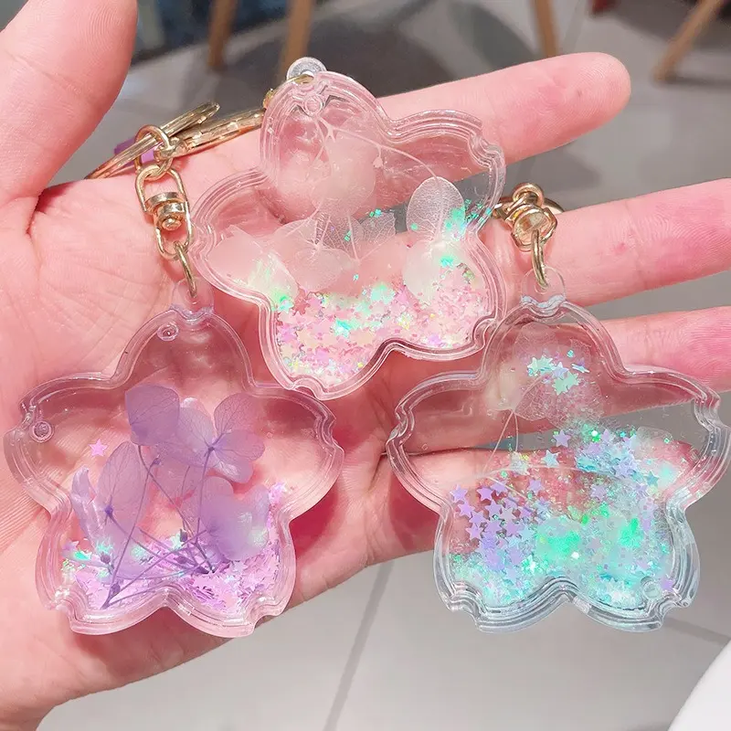 Transparent Sealed Synthetics Acrylic Bottle Keychain - Floating Preserved Flower, Liquid Glitter Sand, Luminous Pigment, Anti-Leak Edge, Fixed Metal Split Ring, Smooth Texture - Kids Backpack Cute Glow-In-Dark Mini Decorative Charm Accessory