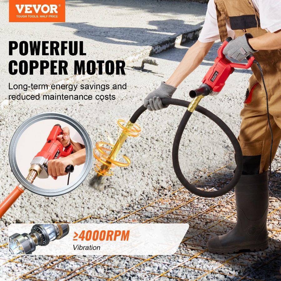 VEVOR Electric Concrete 1300W 16000 VPM, 2HP Copper Motor Handheld Concrete Vibrating Tool, Portable Pencil Cement with Shaft of 14.75ft/ 4.5m, Remove Air Bubble and Level Concrete