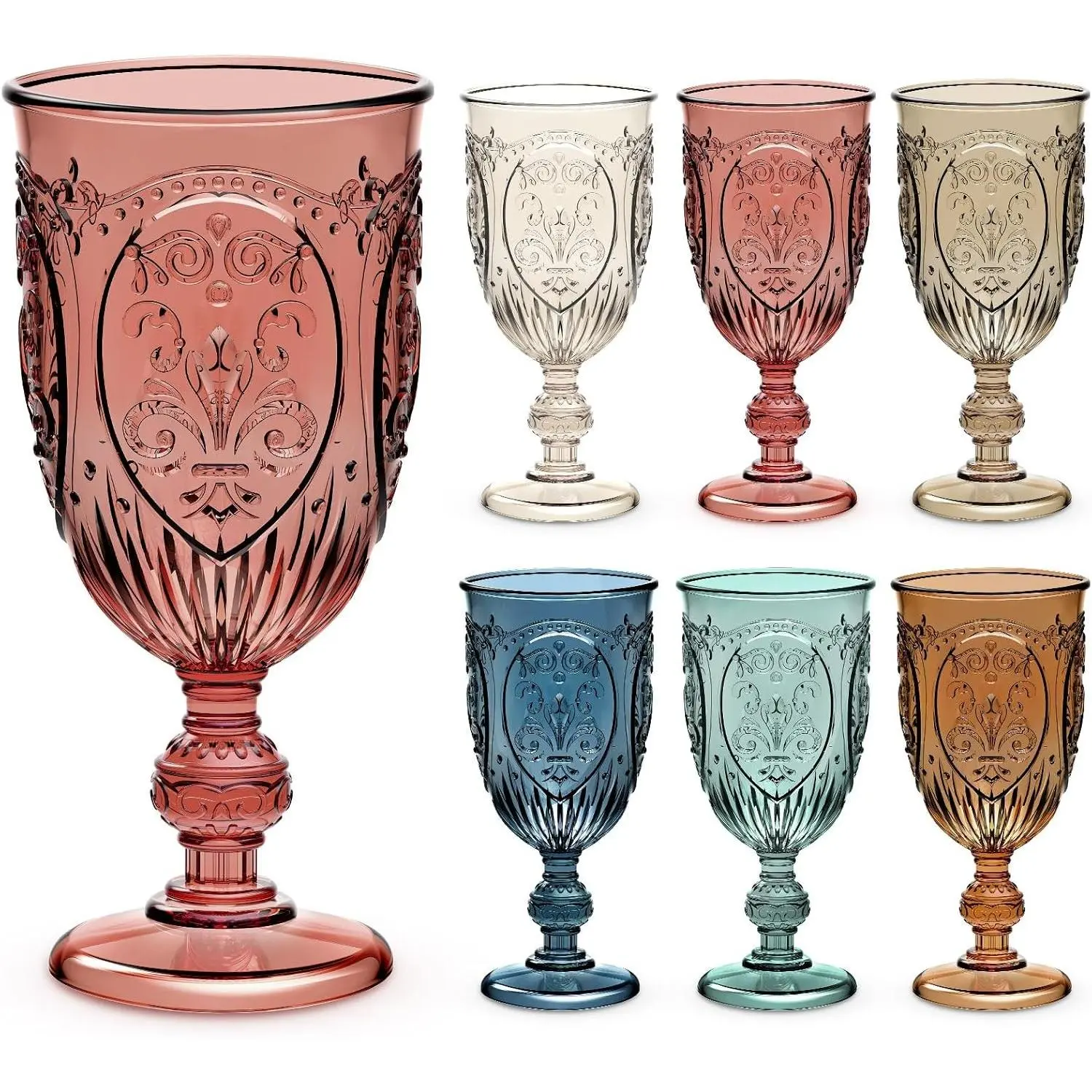 24 Pcs Plastic Goblets 7.5oz Vintage Goblet Plastic Wine Glasses Colored Retro Embossed Water Goblets for Wine Bar Juice Baby Shower Wedding Reception Grand Event Party (Mixed Color)