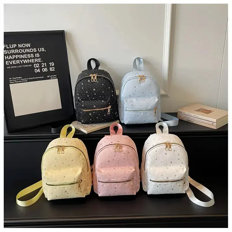 Pastel Star Mini Backpack Purse for Women, Cute Multi-Color Small Bag with Front Pocket Daily