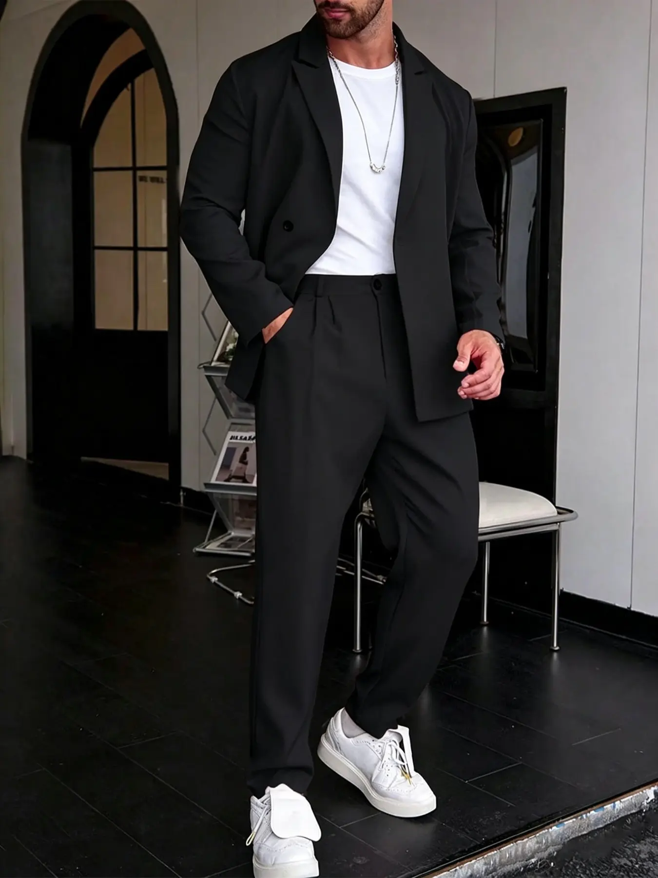 Men's Loose Fit Suit Set, Wide Leg Floor-Length Pants, Casual Vacuum Single Button Blazer, Two-Piece Suit, Comfortable and Stylish