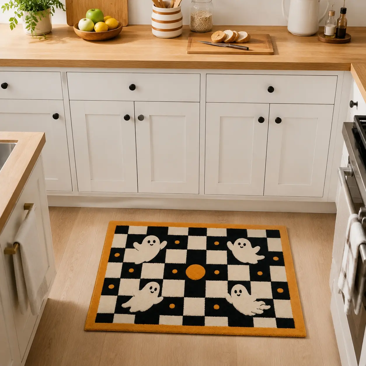 Cute Ghost Checkerboard Rug Plush Faux Cashmere High-Definition Print Living Room Bedroom Non-Slip Easy to Clean