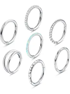 7Pcs 18G 16G Surgical Steel Nose Rings Hoops for Women Men Opal CZ Clicker Hinged Segment Septum Lip Hoop Nose Rings Helix Cartilage Conch Daith Rook Earrings Piercing Jewelry 8mm 10mm