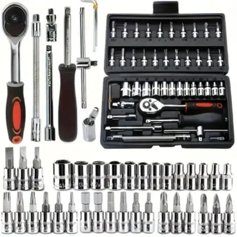 46-Piece Multi-Function Ratchet Socket Wrench Set, Car Repair Tool Kit, High Hardness Steel, Durable, Shockproof, Wear-Resistant, Rust-Proof