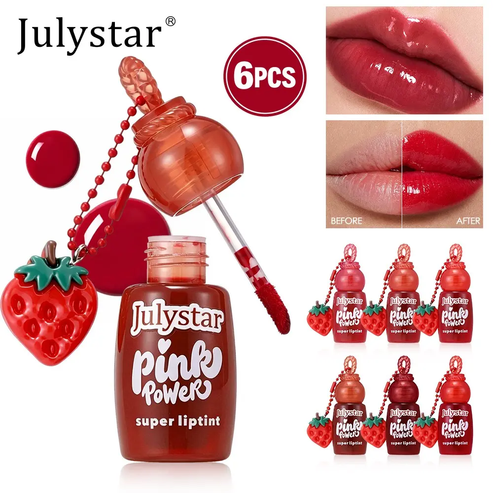 Julystar Strawberry Keychain Water Lip Tint Gloss Set, Glossy Lightweight Non-Sticky Hydrating Lip Stain, Waterproof Long Lasting Lip Makeup
