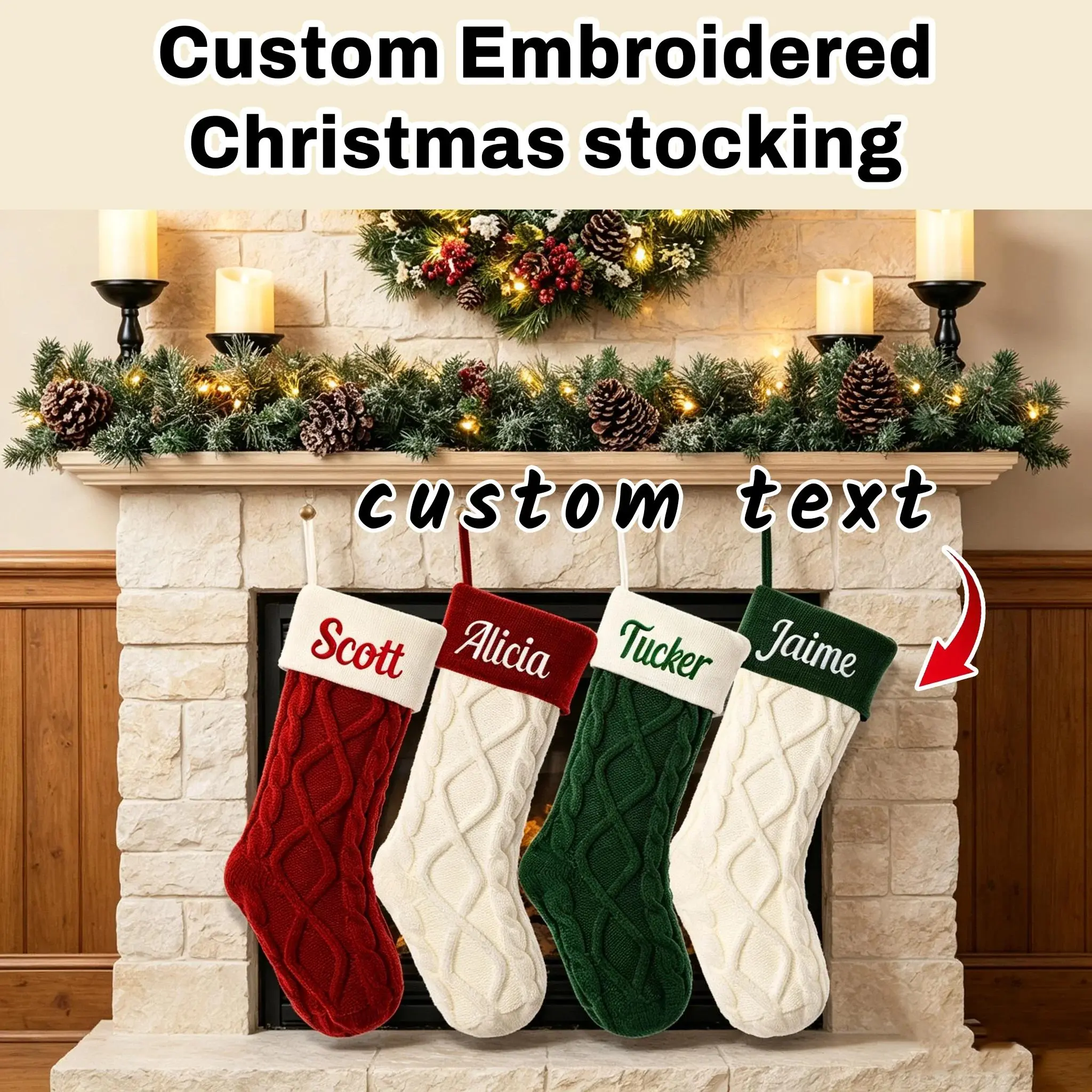 Custom Embroidered Knit Cable Knit Christmas Stocking, Personalized Name Xmas Stocking for Fireplace Holiday Decor