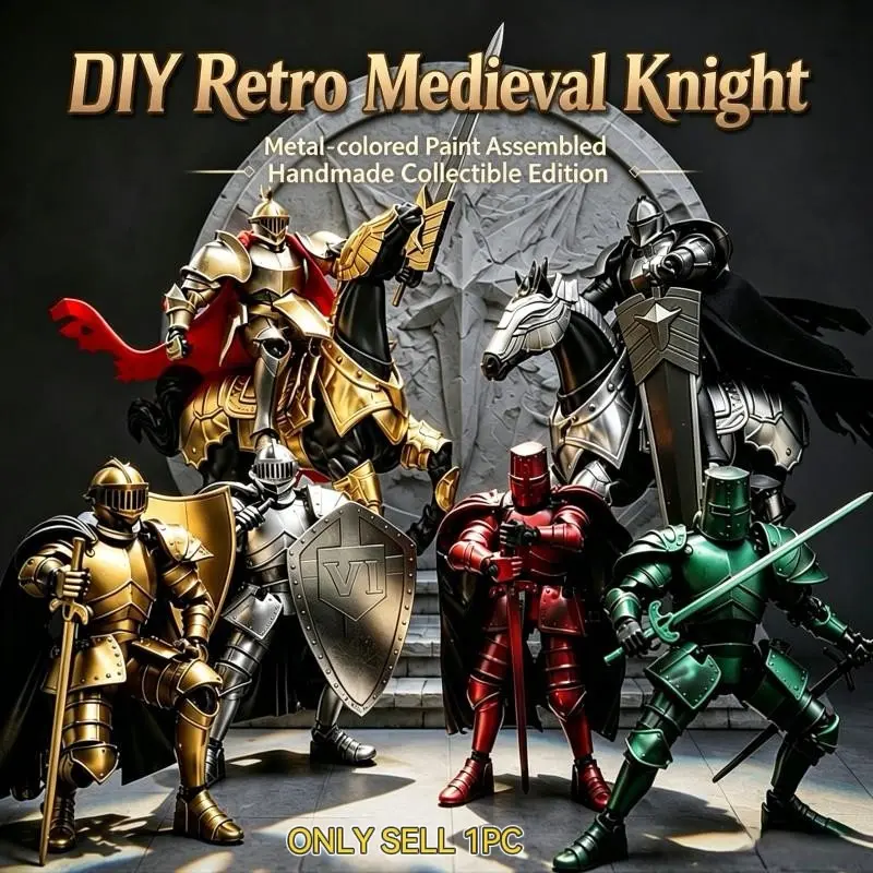 Vintage Medieval Armor Knight Warhorse Action Model, Interchangeable Weapons & Helmets, Full Joint Fantasy Knight Statue, Collectible Gift, Jointed Action Figure, Articulated Figures