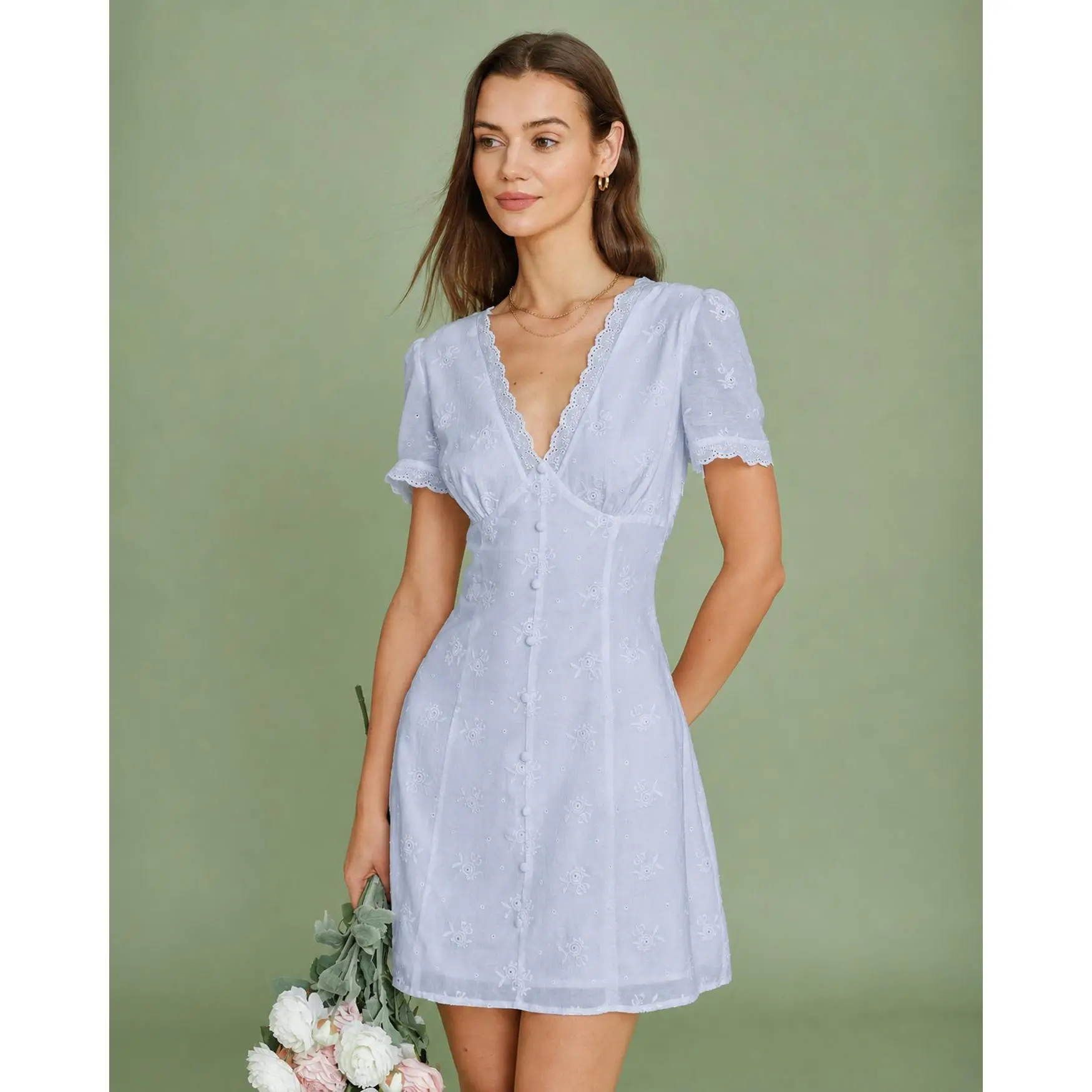 Blue V Neck Lace Embroidery Mini Dress