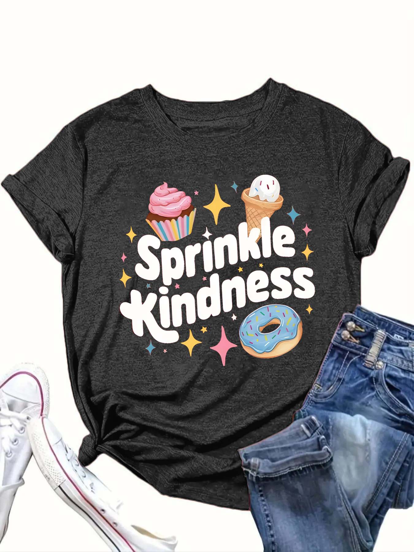 【Plus Size】 Cartoon Ice Cream & Letter Print Round Neck Tee, Casual Short Sleeve Crew Neck T-Shirt for Summer, Women's Clothing for Daily Wear