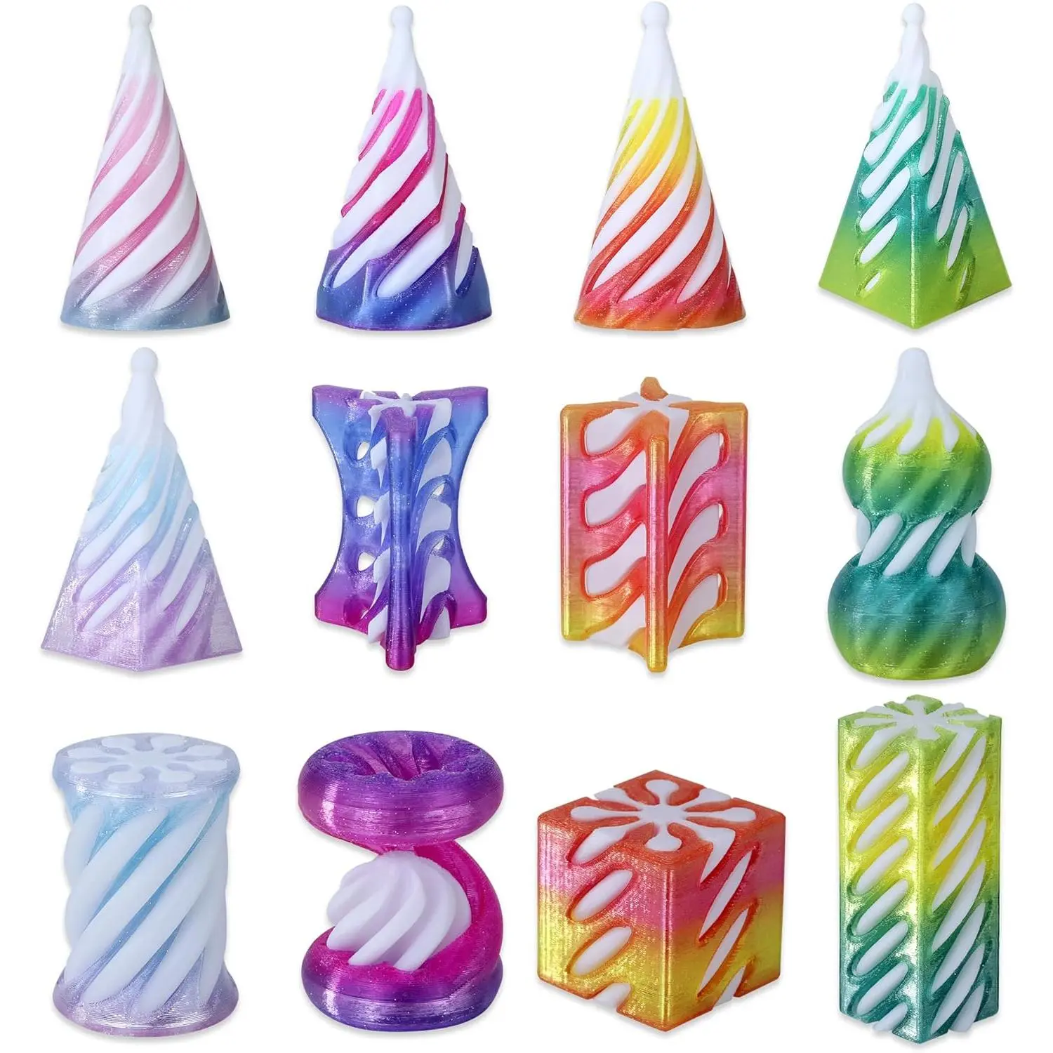 12 Pack 3D Printed Fidget Toys Set, 12 Unique Designs, Spiral Cone Fidget Toy & Impossible Passthrough Desk Fidgets, Pyramid, Cube & Twist Cylinder, 4 Crystal Gradient Colors, for Kids & Adultsfidget toys