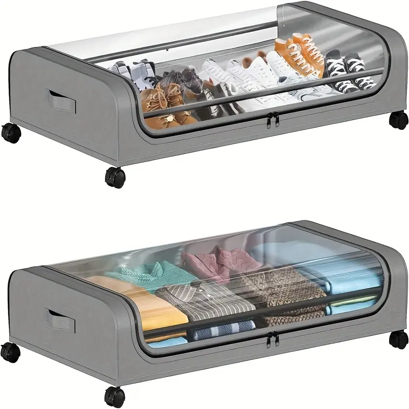 2Pcs Rolling Metal Under Bed Storage Organizer with Dustproof Lid, Wheeled Metal Underbed Storage Containers, Multi-Purpose Under-Bed Rolling Storage Bins for Clothes, Bedding, Shoes, Blankets and Books, Bedroom Space Saving Organizer
