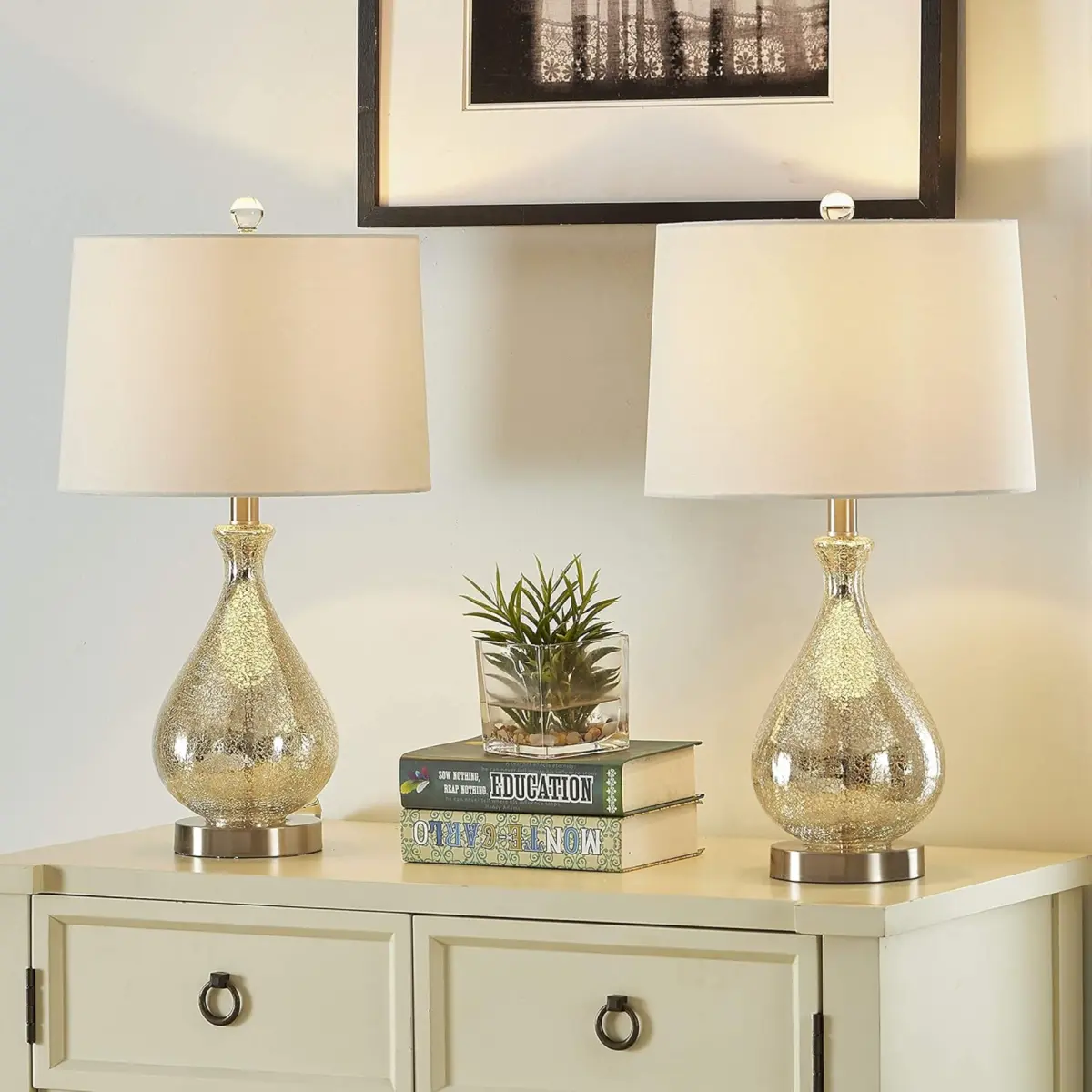 23" Modern Clear Water Glass Table Lamp with White Linen Shade and Polished Nickel Base (Set of 2) for Bedroom, Office, College Dorm, Coffee Table, Bookcase