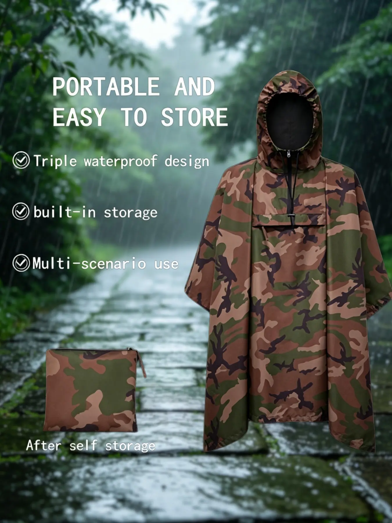 Three in one raincoat, cloak, canopy, floor mat, multi-purpose raincoat shelter, breathable hiking raincoat, suitable for outdoor, hiking, hunting, jungle boat emergency waterproof raincoat shelter, essential for field work and hunting