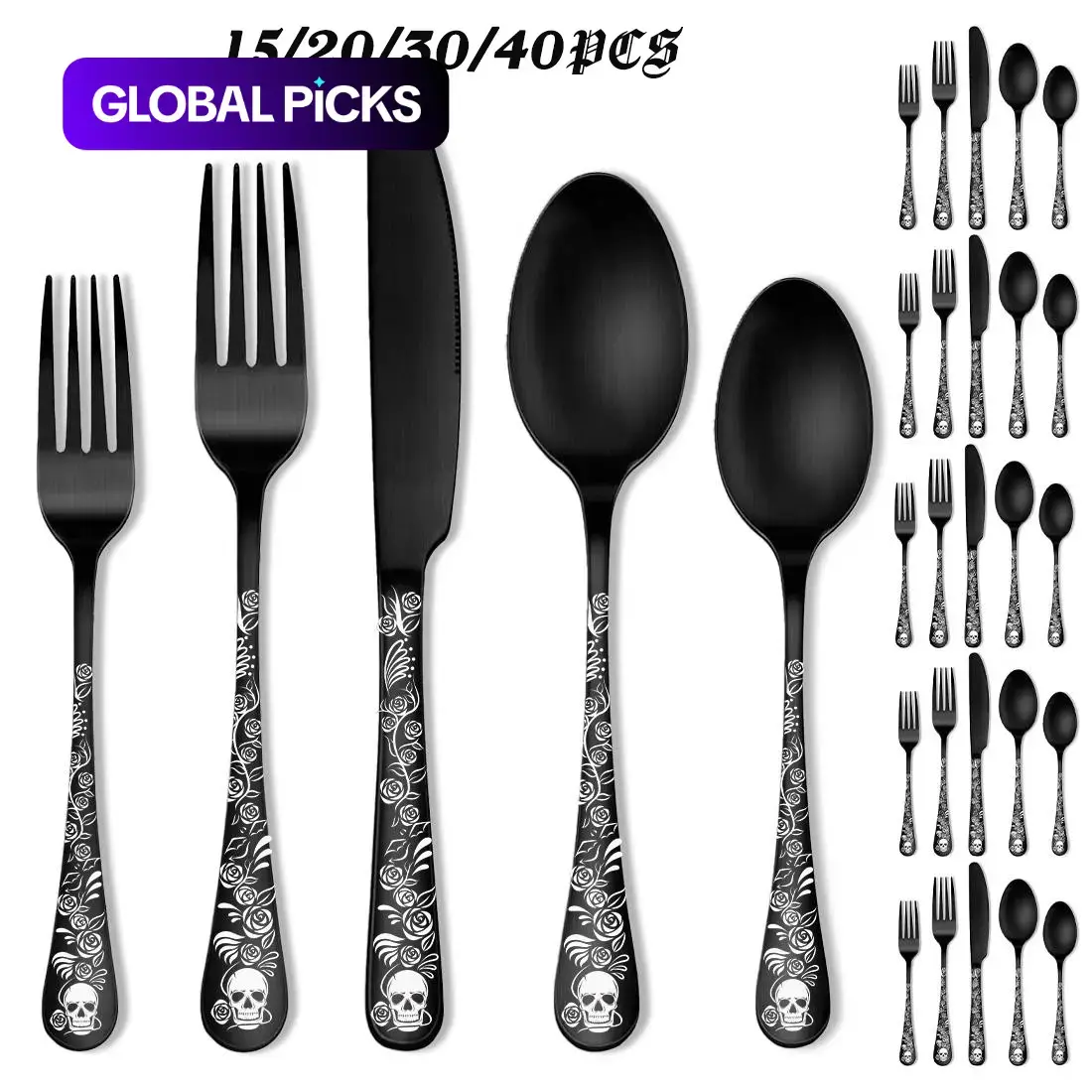 Gothic Stainless Steel Flatware Set, Tableware Cutlery Set, 20-Piece Skull and Rose Cutlery with Spoons, Forks and Knives, Food-Grade for Halloween Parties and Everyday Dining #GLOBAL PICKS