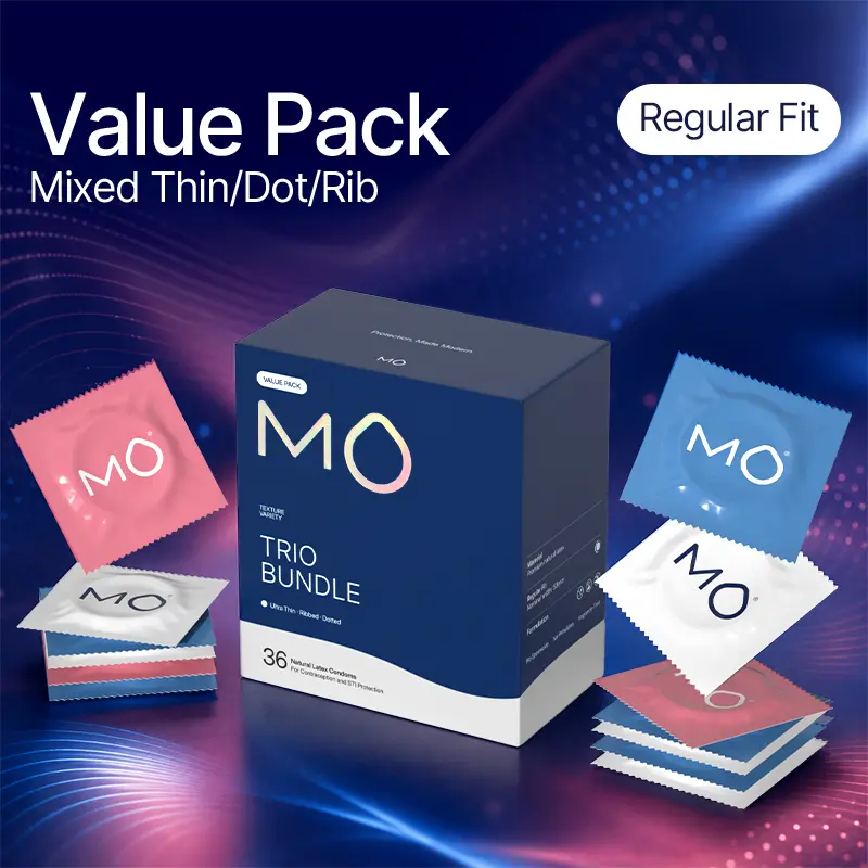 MO Trio Bundle Variety Pack Condoms For Men, Ultra Thin + Ribbed + Dotted, Natural Latex, pH Balanced, Regualr Fit,36 Count