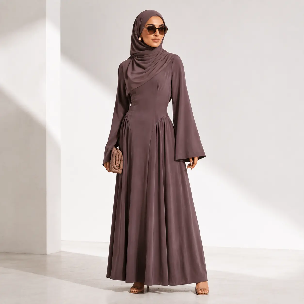 Modest Maxi Dress Bell Sleeve Pleated A Line Nida Fabric Hijab Friendly (MS435)