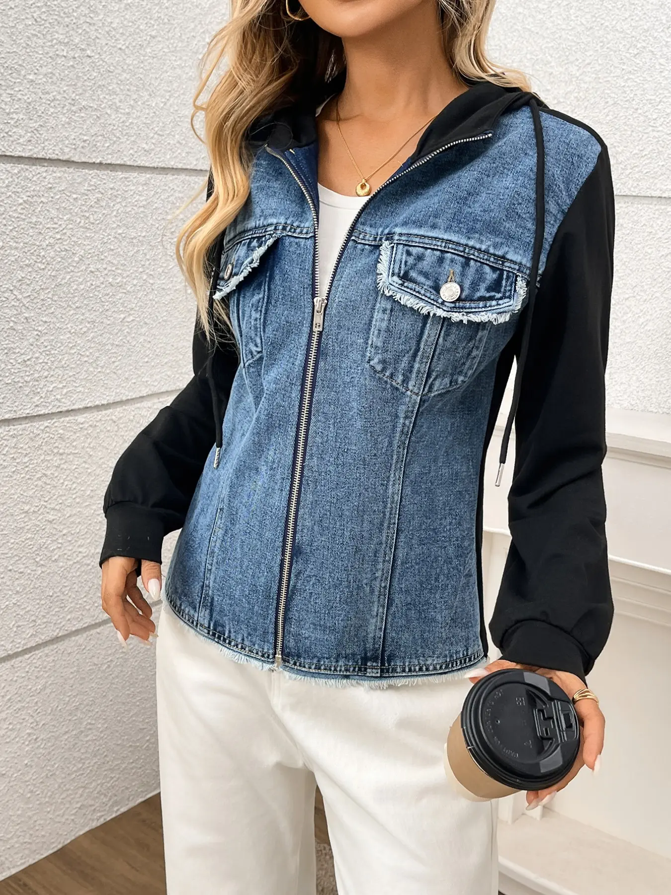 Women's Colorblock Patchwork Hooded Denim Jacket, Zipper Knit Long Sleeve, Loose Fit, Casual Streetwear, Street Fashion Outerwear, Spring & Fall Outerwear
