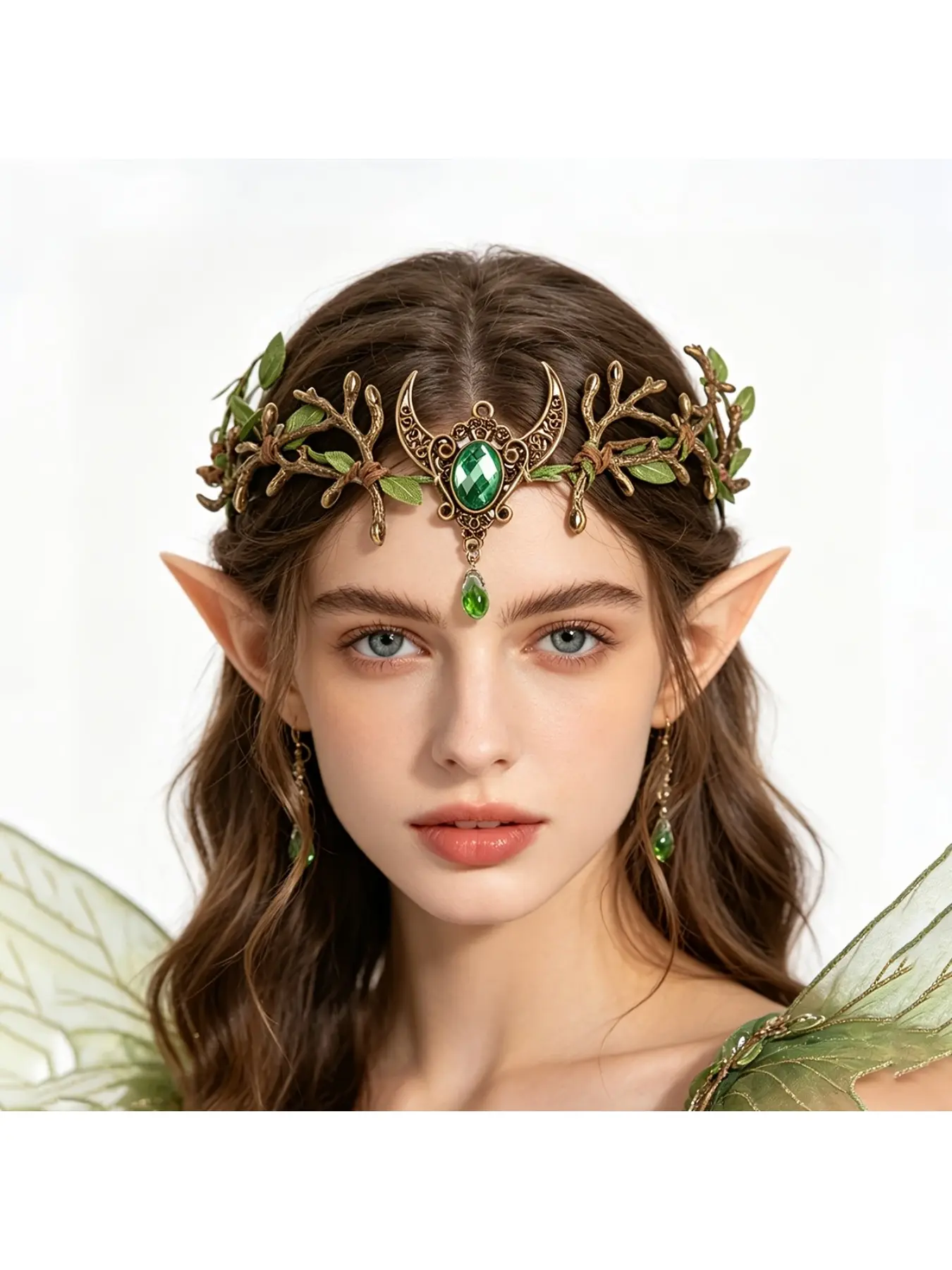 1Pc Retro Forest Branch Elf Forehead Crown Crescent Green Rhinestone Circlet Gothic Fairy Headband For Women Cosplay Costume Daily Shoot Back To School Banquet Weekend Gathering Seasonal Party Styling Accessory Gift Supplies